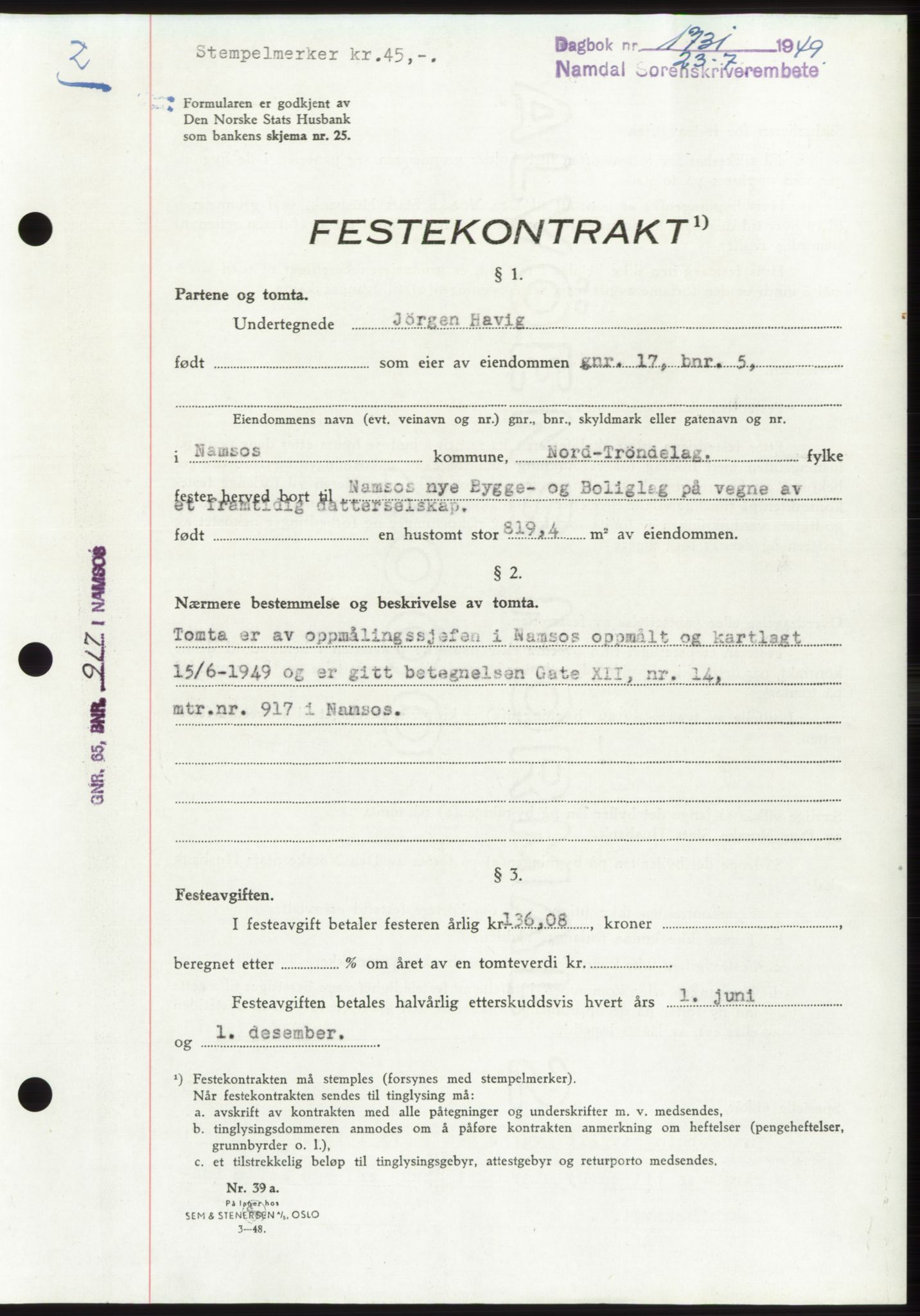 Namdal sorenskriveri, SAT/A-4133/1/2/2C: Pantebok nr. -, 1949-1949, Dagboknr: 1731/1949