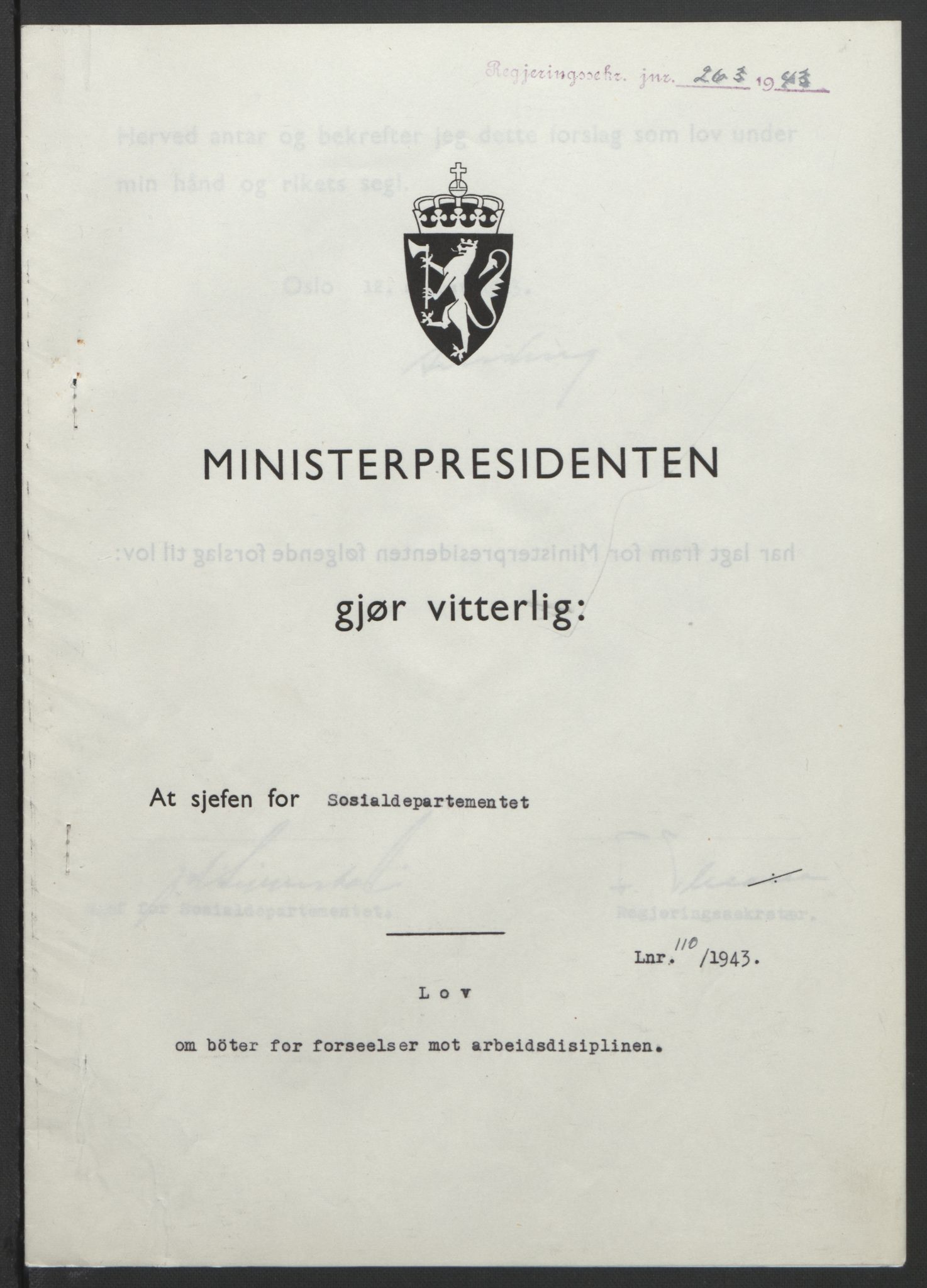 NS-administrasjonen 1940-1945 (Statsrådsekretariatet, de kommisariske statsråder mm), AV/RA-S-4279/D/Db/L0099: Lover, 1943, s. 513