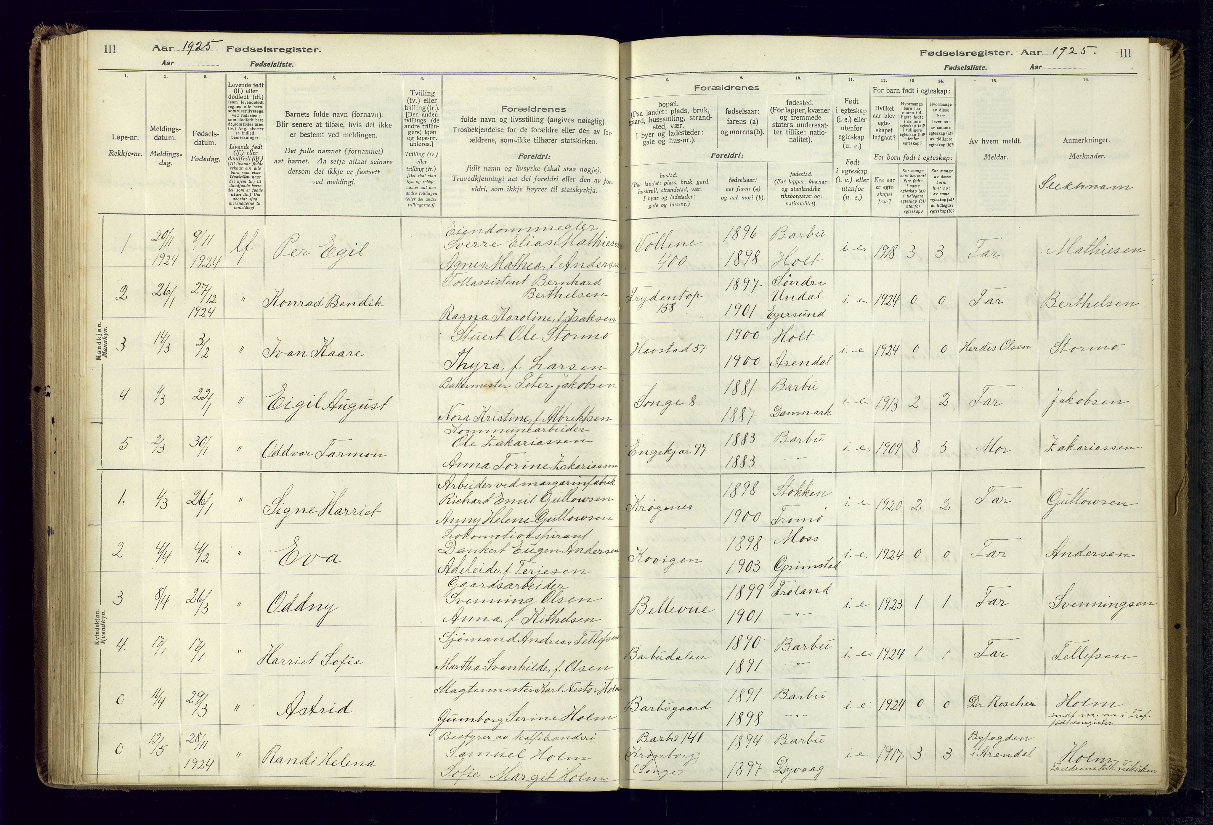 Barbu sokneprestkontor, SAK/1111-0003/J/Ja/L0001: Fødselsregister nr. A-VIII-1, 1916-1937, s. 111