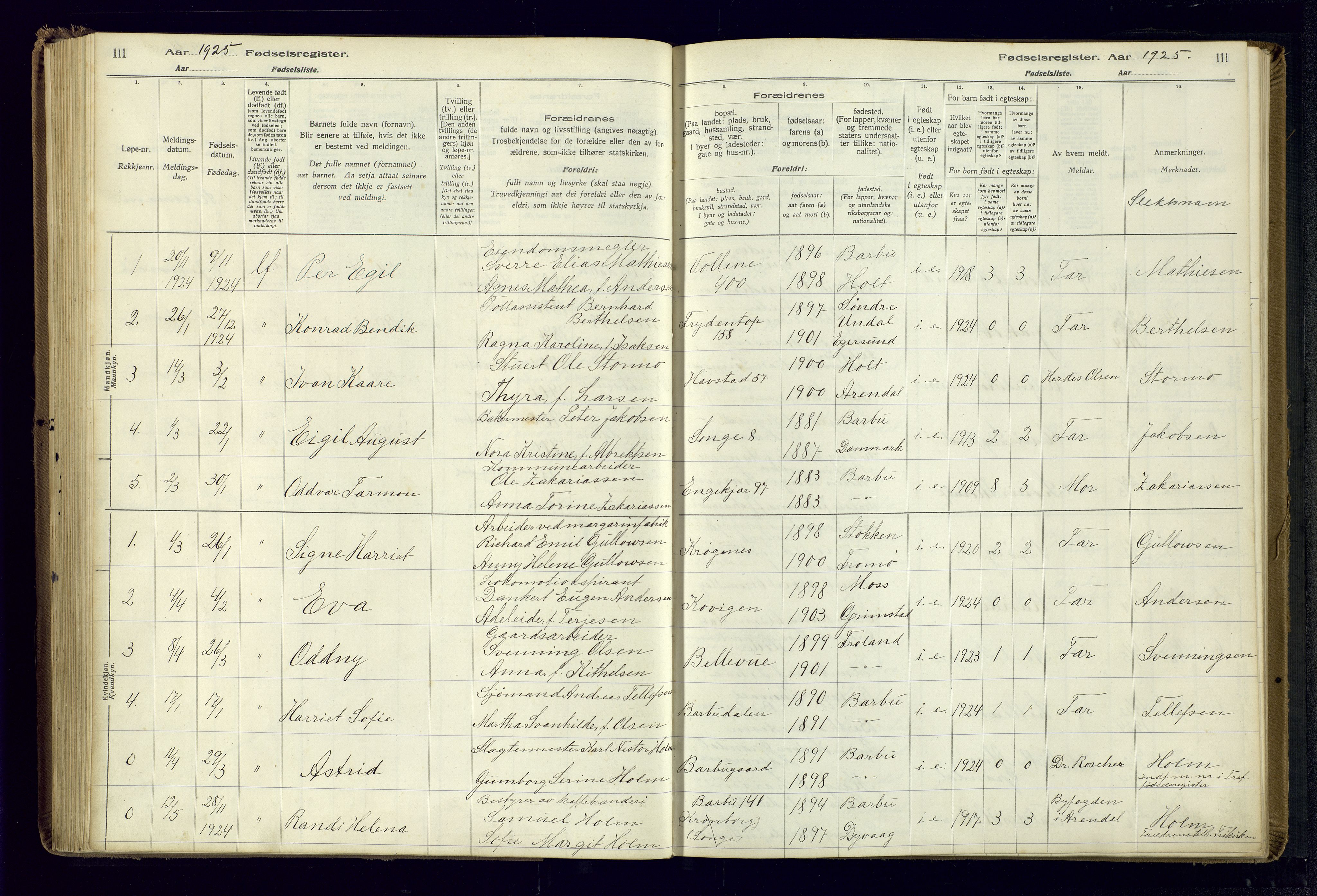 Barbu sokneprestkontor, AV/SAK-1111-0003/J/Ja/L0001: Fødselsregister nr. A-VIII-1, 1916-1937, s. 111