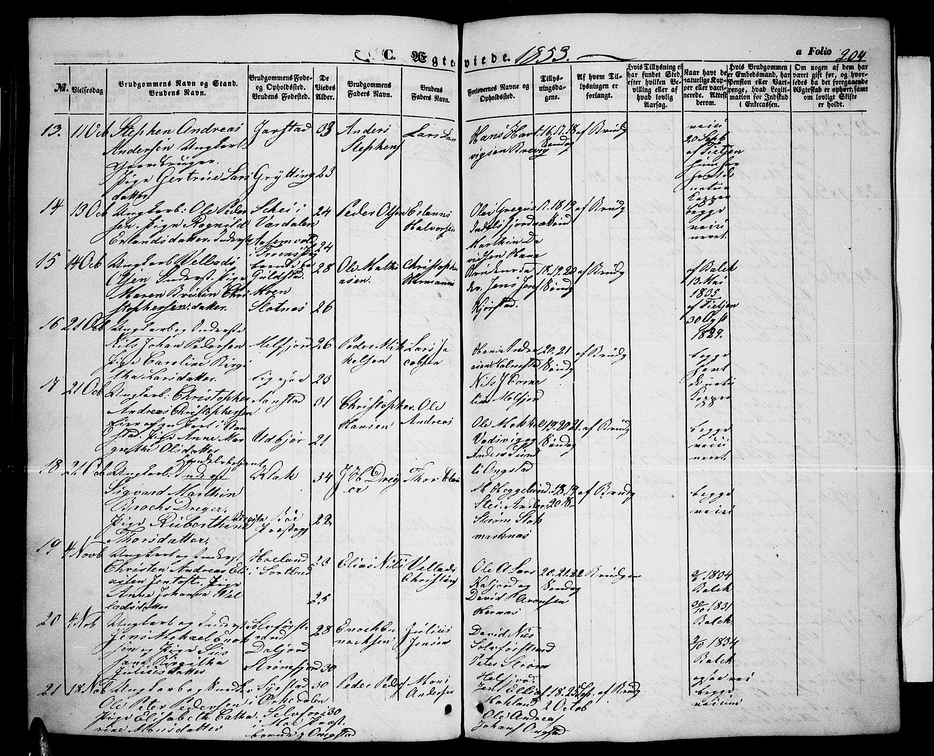 Ministerialprotokoller, klokkerbøker og fødselsregistre - Nordland, AV/SAT-A-1459/888/L1265: Klokkerbok nr. 888C03, 1850-1863, s. 204