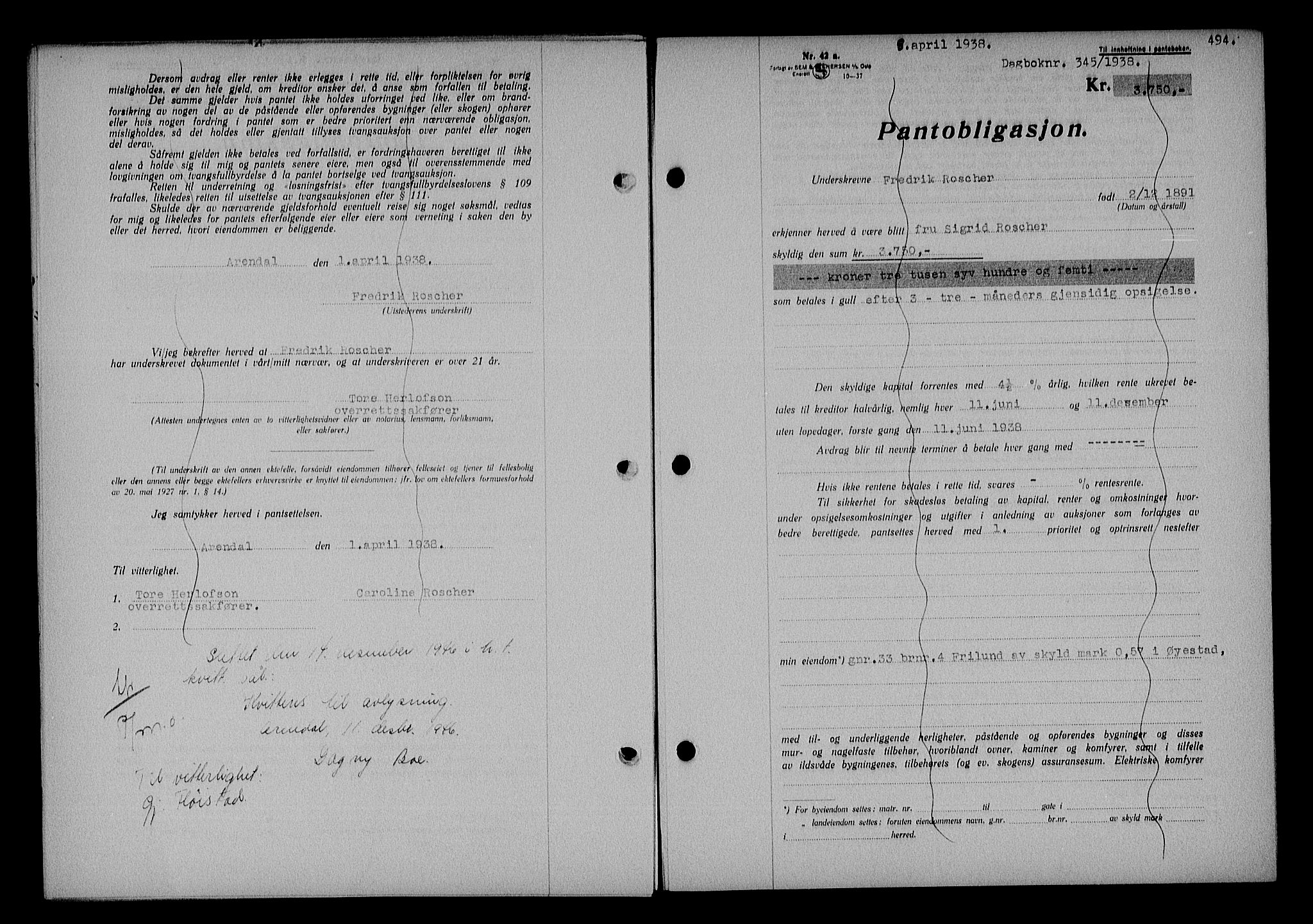 Nedenes sorenskriveri, AV/SAK-1221-0006/G/Gb/Gba/L0044: Pantebok nr. 40, 1937-1938, Dagboknr: 345/1938