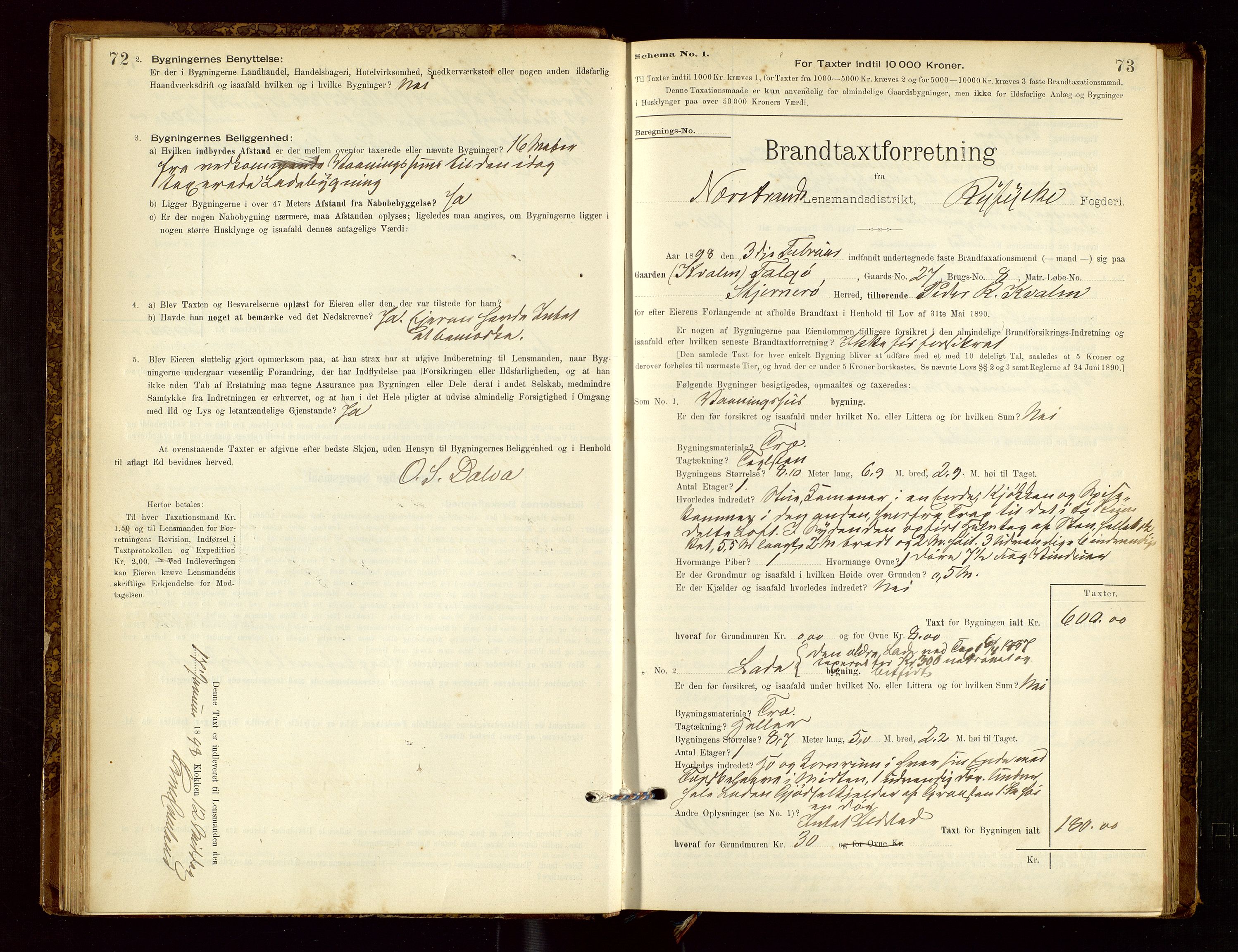 Nedstrand lensmannskontor, AV/SAST-A-100236/Gob/L0001: "Brandtaxationsprotokol for Nerstrand Lensmandsdistrikt Ryfylke fogderi", 1895-1915, s. 72-73