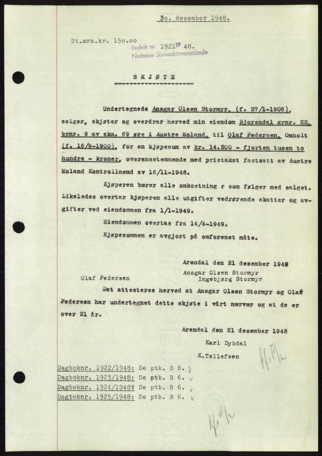 Nedenes sorenskriveri, AV/SAK-1221-0006/G/Gb/Gba/L0060: Pantebok nr. A12, 1948-1949, Dagboknr: 1921/1948