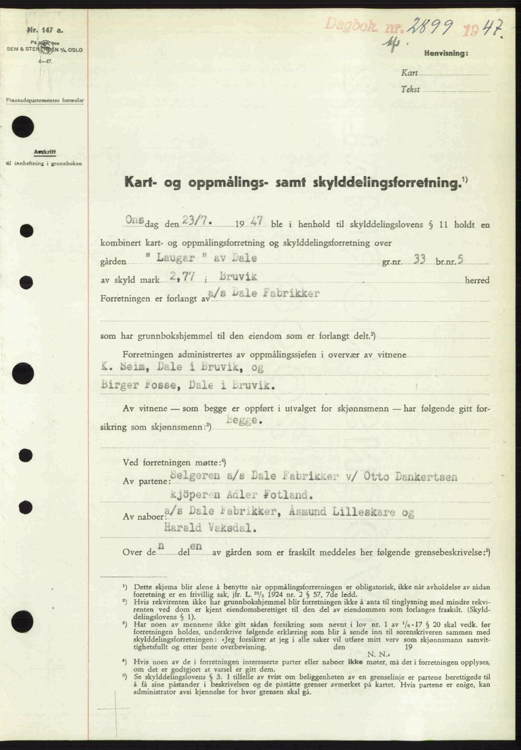 Nordhordland sorenskrivar, SAB/A-2901/1/G/Gb/Gbf/L0032: Pantebok nr. A32, 1947-1947, Dagboknr: 2899/1947