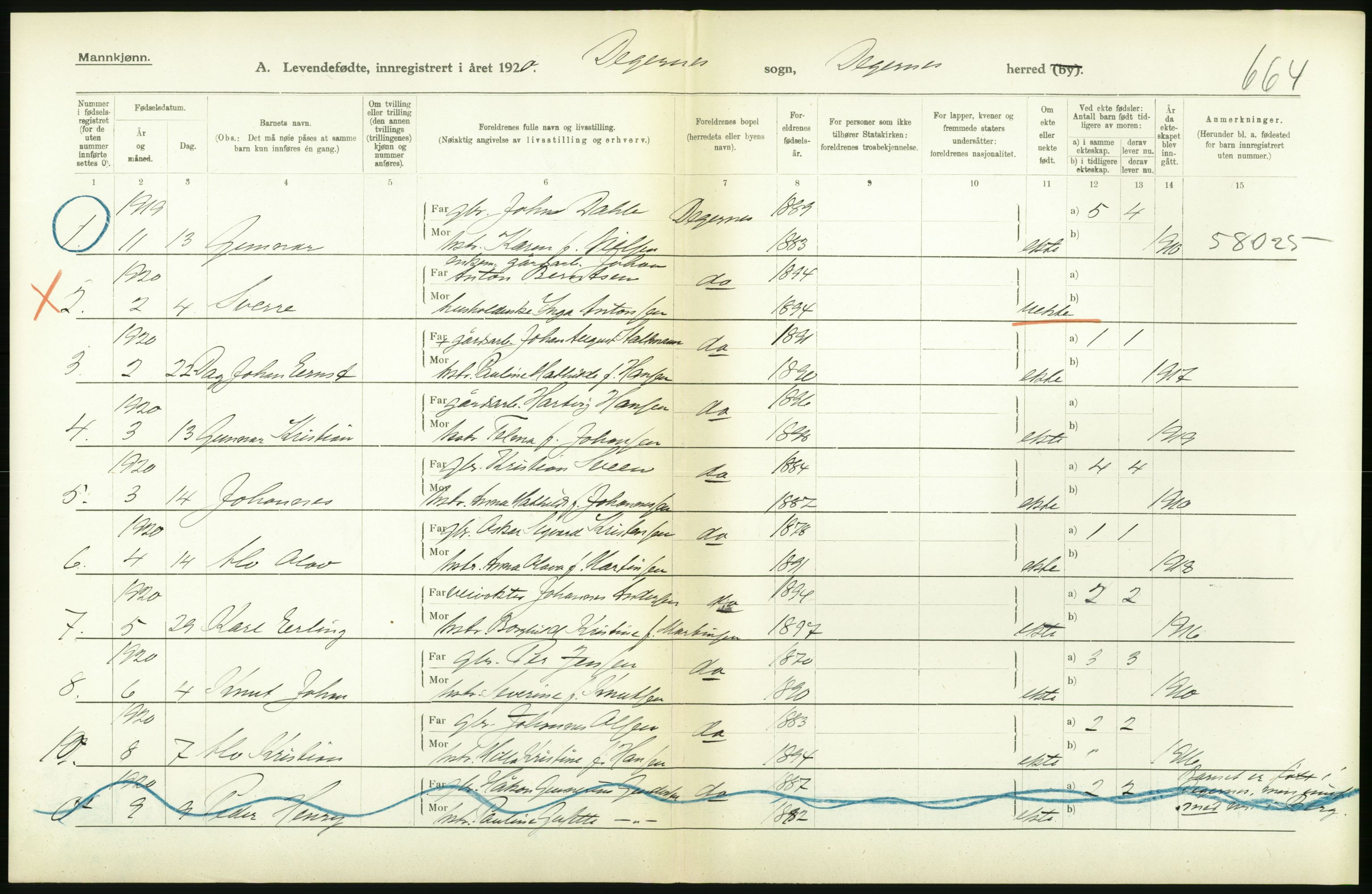 Statistisk sentralbyrå, Sosiodemografiske emner, Befolkning, RA/S-2228/D/Df/Dfb/Dfbj/L0001: Østfold fylke: Levendefødte menn og kvinner. Bygder., 1920, s. 310