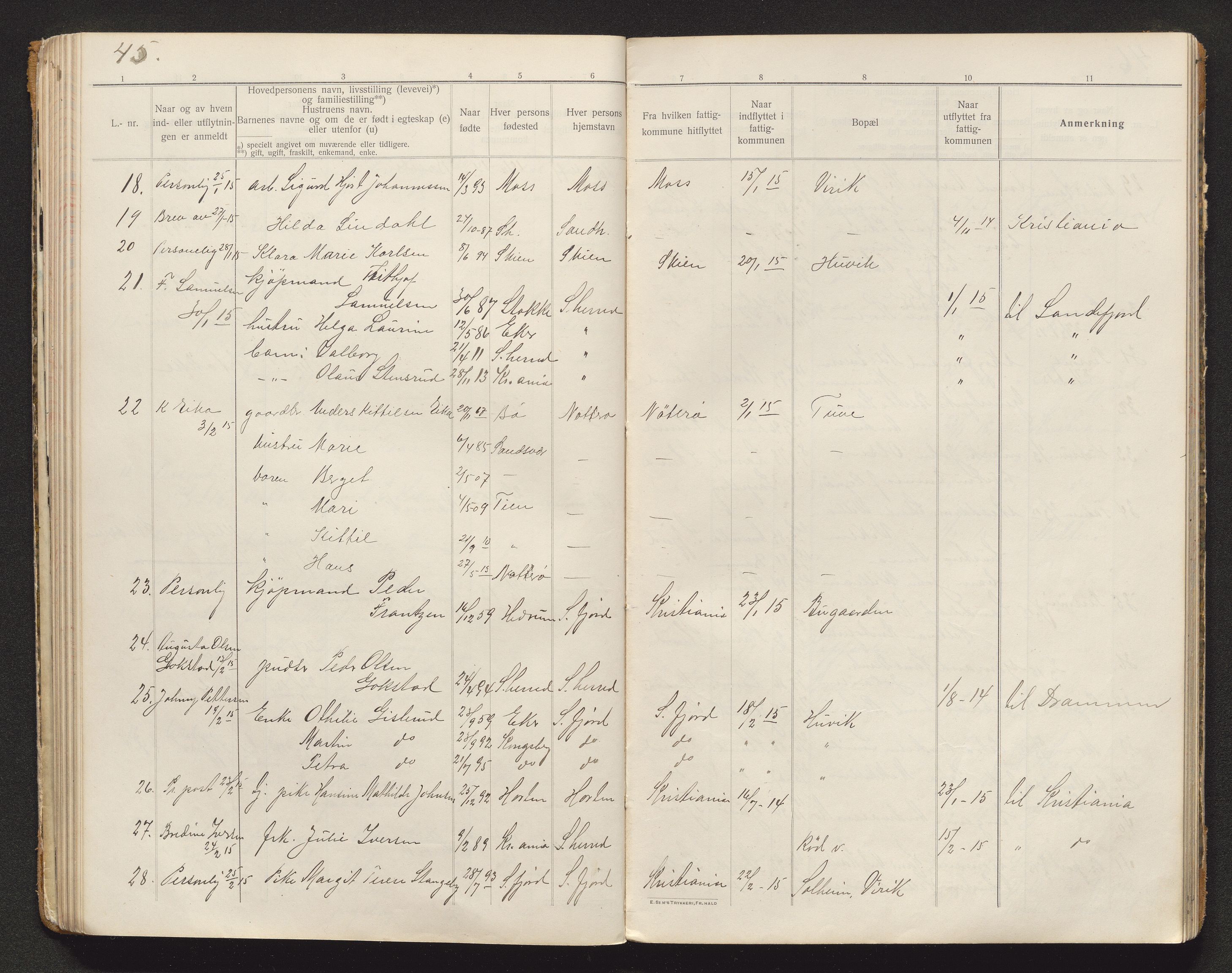 Sandar lensmannskontor, AV/SAKO-A-545/O/Oa/L0003: Protokoll over inn- og utflyttede, 1913-1917, s. 45