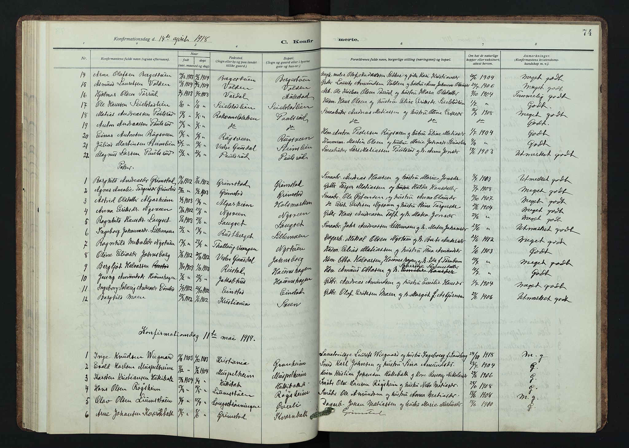 Østre Gausdal prestekontor, AV/SAH-PREST-092/H/Ha/Hab/L0005: Klokkerbok nr. 5, 1915-1944, s. 74
