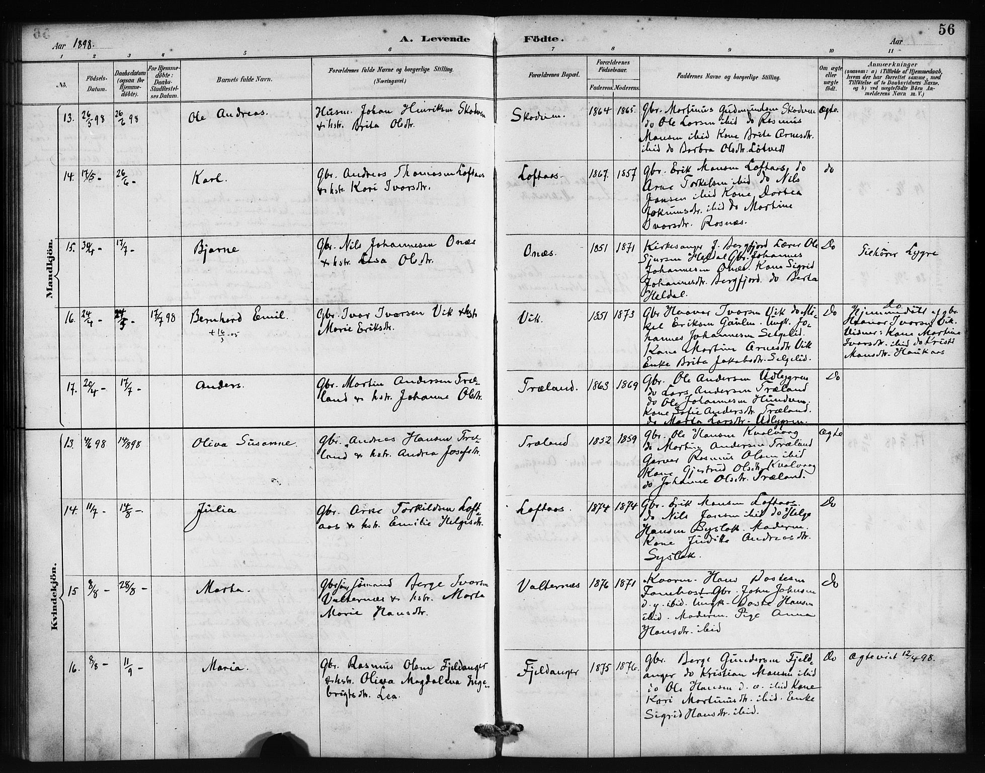 Lindås Sokneprestembete, AV/SAB-A-76701/H/Haa/Haab/L0001: Ministerialbok nr. B 1, 1886-1900, s. 56