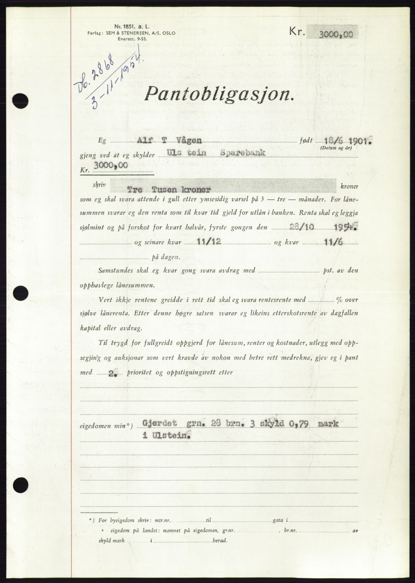 Søre Sunnmøre sorenskriveri, AV/SAT-A-4122/1/2/2C/L0126: Pantebok nr. 14B, 1954-1955, Dagboknr: 2868/1954