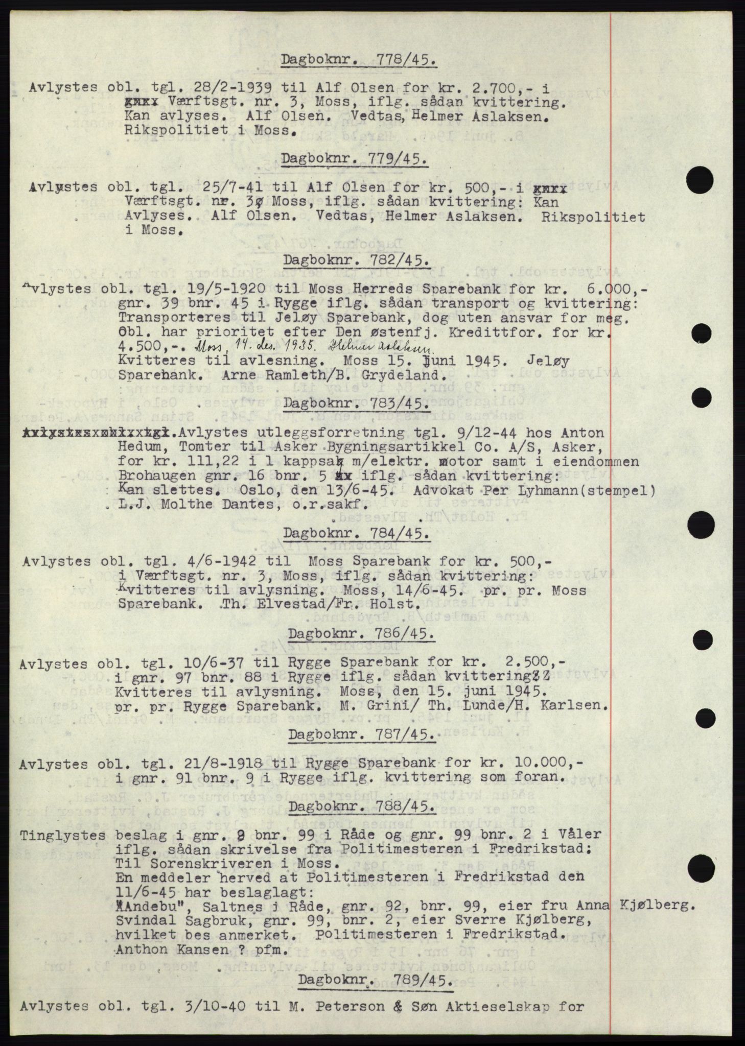 Moss sorenskriveri, SAO/A-10168: Pantebok nr. C10, 1938-1950, Dagboknr: 778/1945