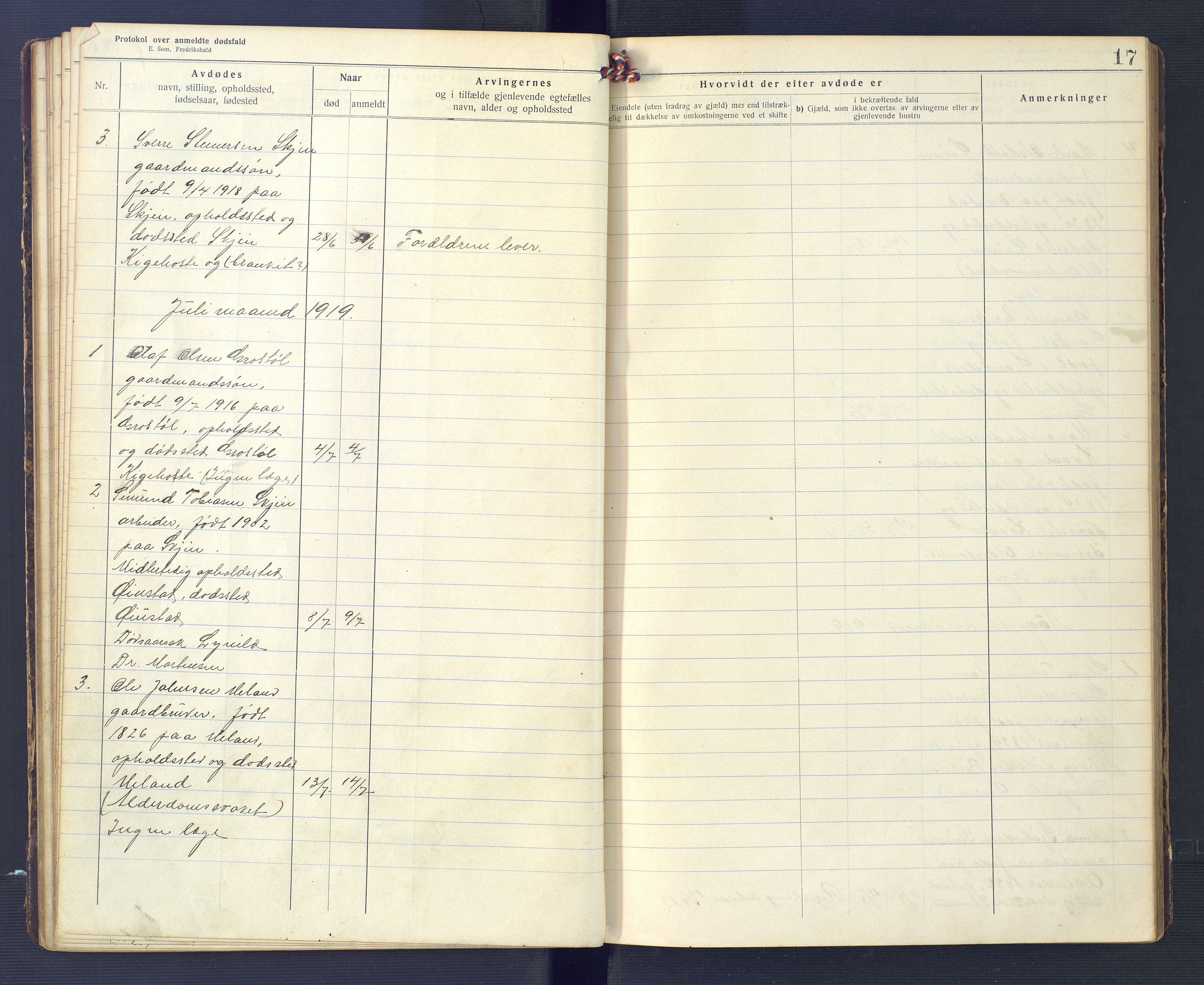 Hægebostad og Eiken lensmannskontor, AV/SAK-1241-0023/F/Fe/L0002: Dødsfallsprotokoll nr 34, 1917-1932, s. 17