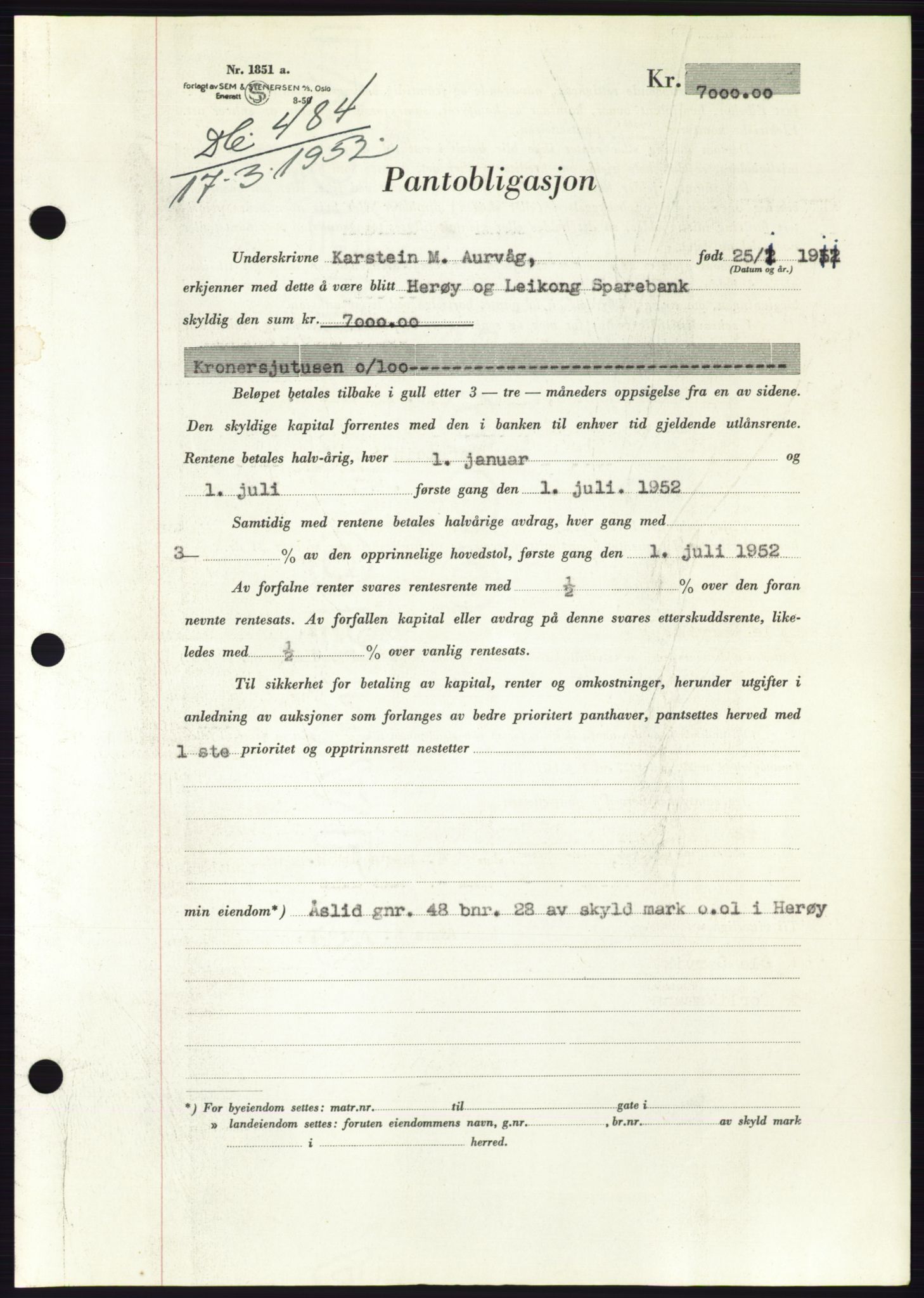 Søre Sunnmøre sorenskriveri, AV/SAT-A-4122/1/2/2C/L0121: Pantebok nr. 9B, 1951-1952, Dagboknr: 484/1952