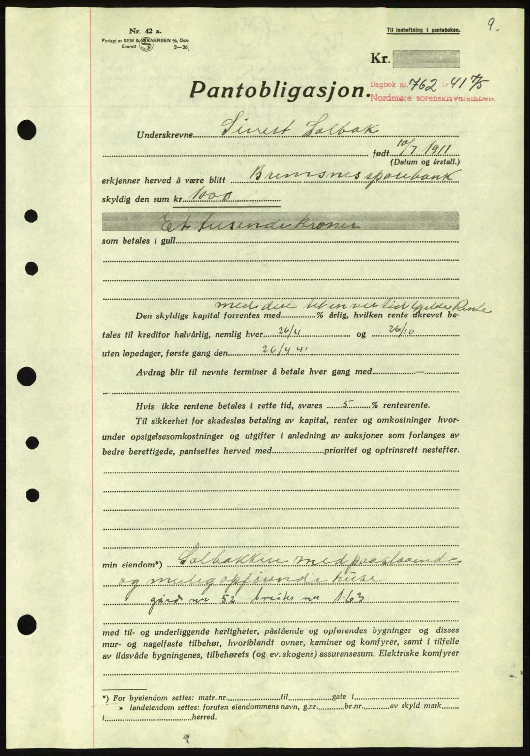 Nordmøre sorenskriveri, AV/SAT-A-4132/1/2/2Ca: Pantebok nr. B88, 1941-1942, Dagboknr: 762/1941