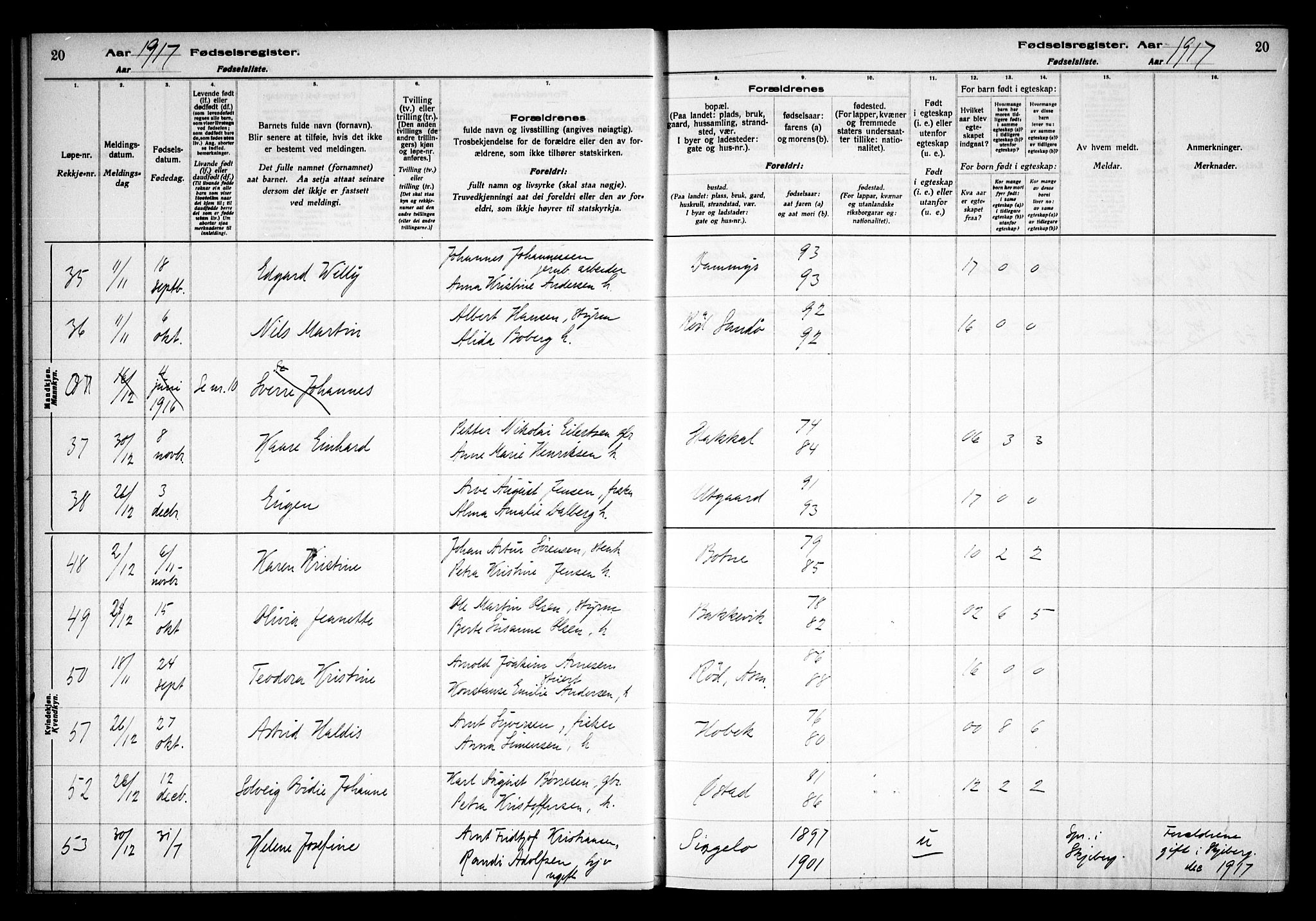 Hvaler prestekontor Kirkebøker, AV/SAO-A-2001/J/Ja/L0001: Fødselsregister nr. I 1, 1916-1938, s. 20