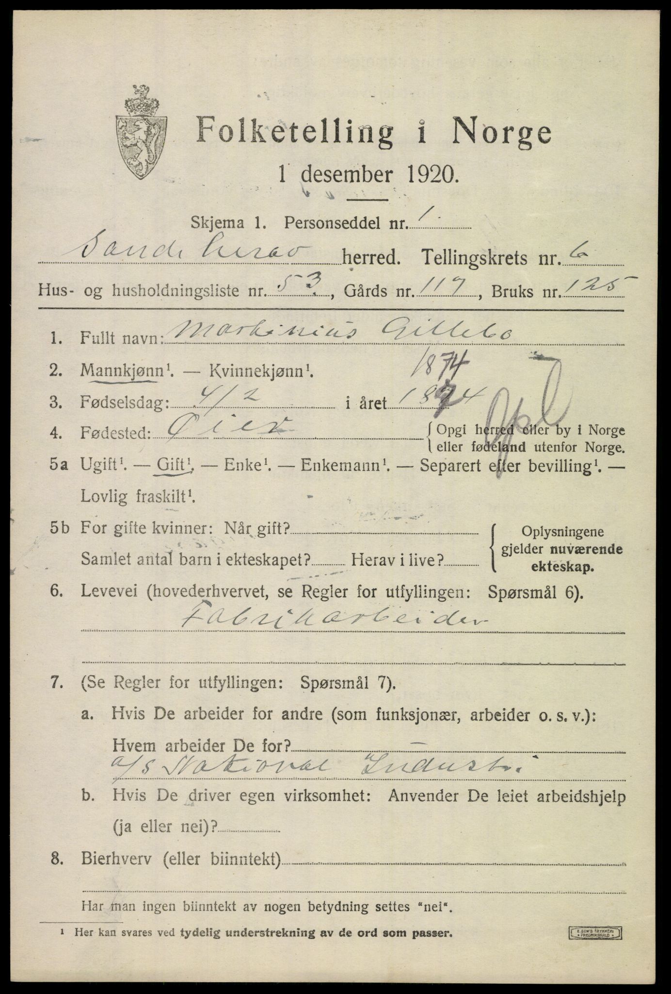SAKO, Folketelling 1920 for 0724 Sandeherred herred, 1920, s. 10276