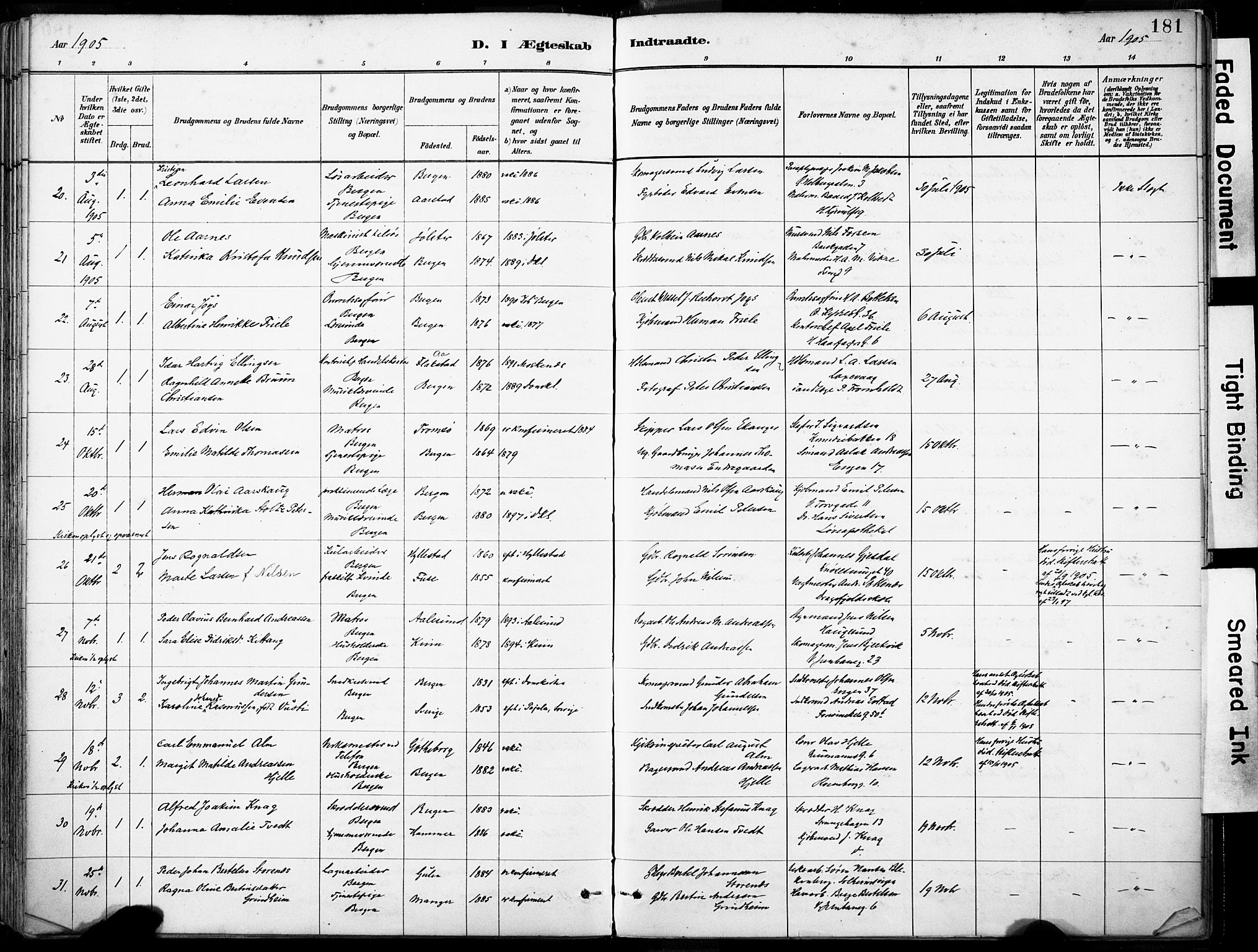 Domkirken sokneprestembete, SAB/A-74801/H/Haa/L0037: Ministerialbok nr. D 4, 1880-1907, s. 181