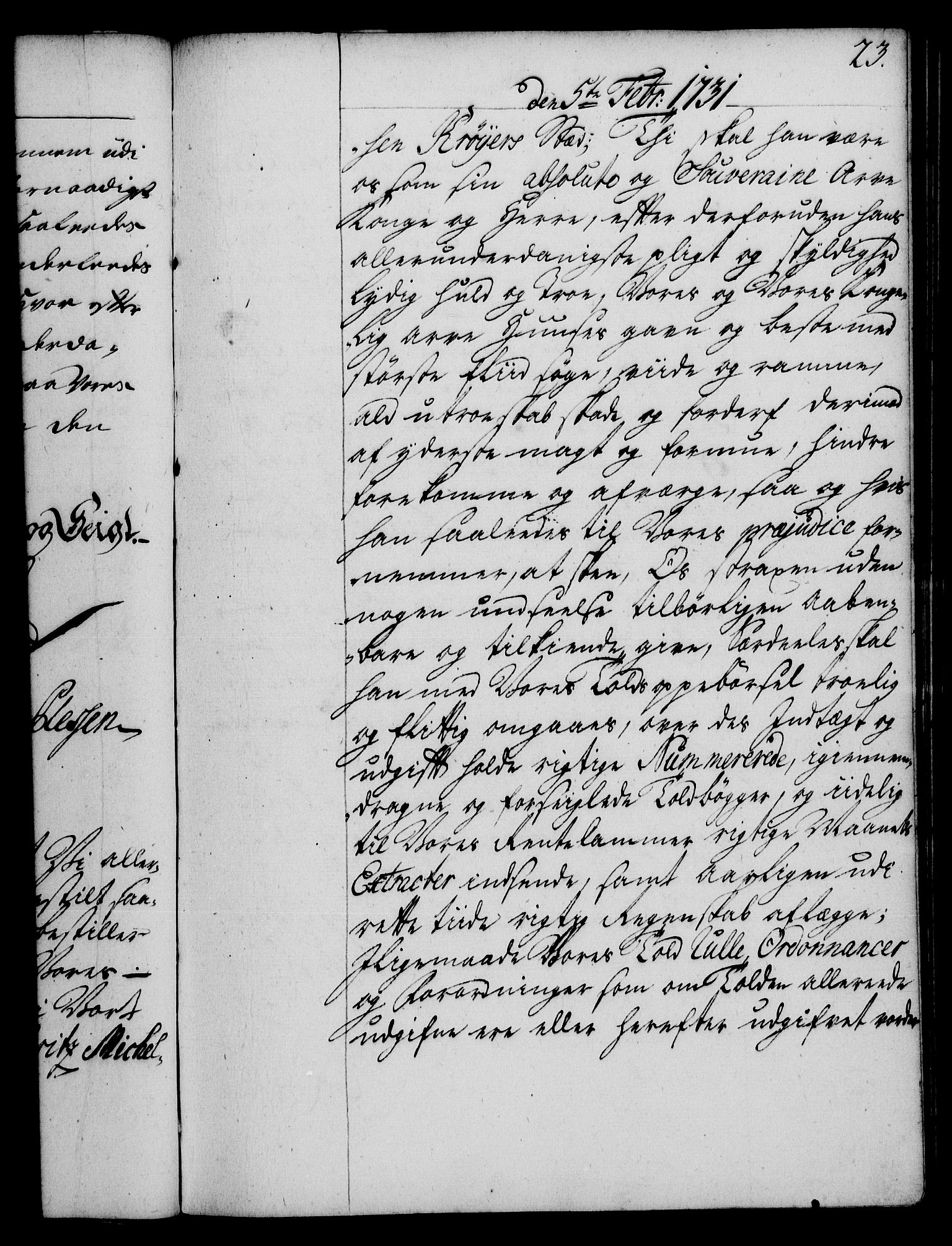 Rentekammeret, Kammerkanselliet, RA/EA-3111/G/Gg/Gge/L0002: Norsk bestallingsprotokoll med register (merket RK 53.26), 1730-1744, s. 23