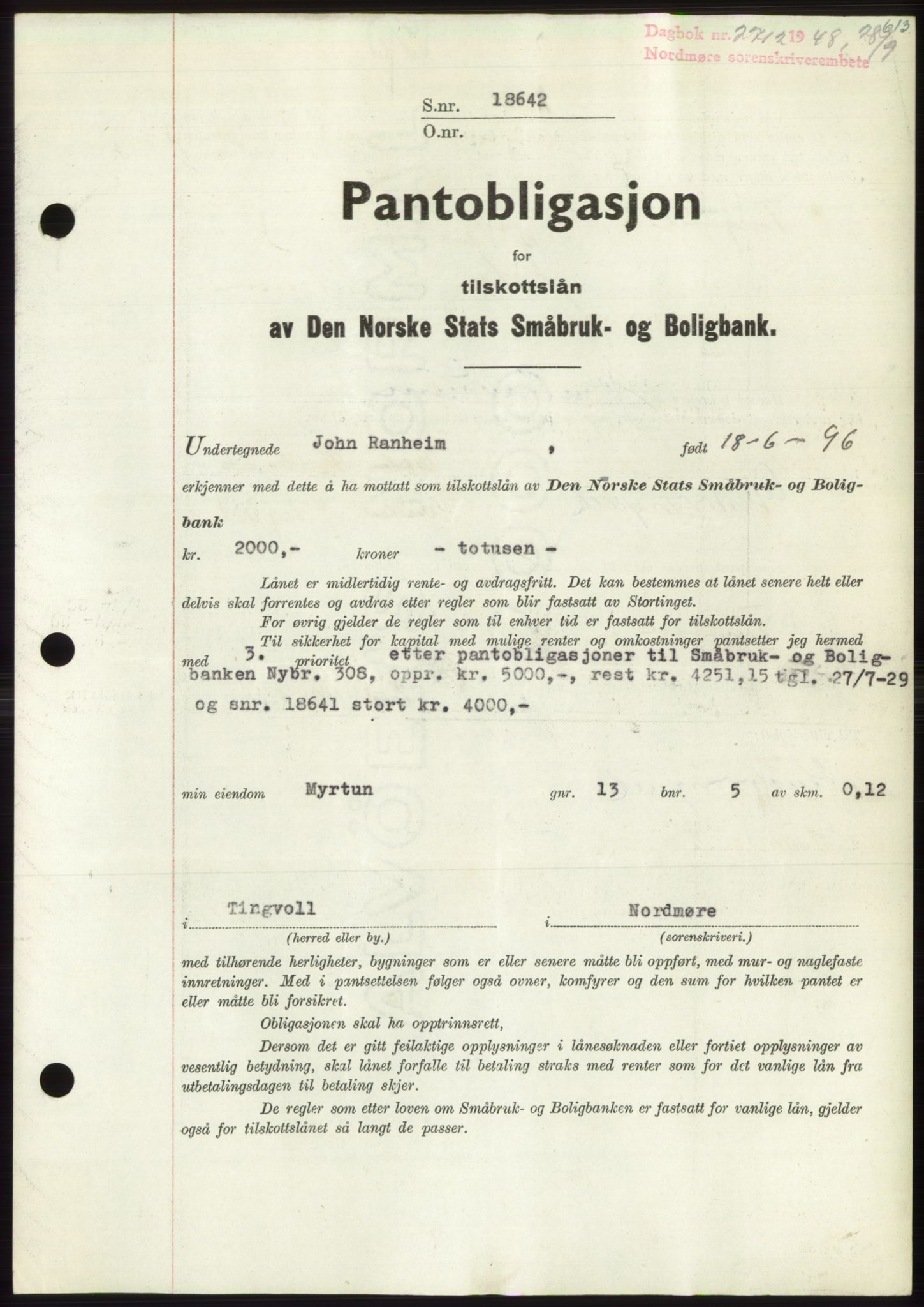 Nordmøre sorenskriveri, SAT/A-4132/1/2/2Ca: Pantebok nr. B99, 1948-1948, Dagboknr: 2712/1948