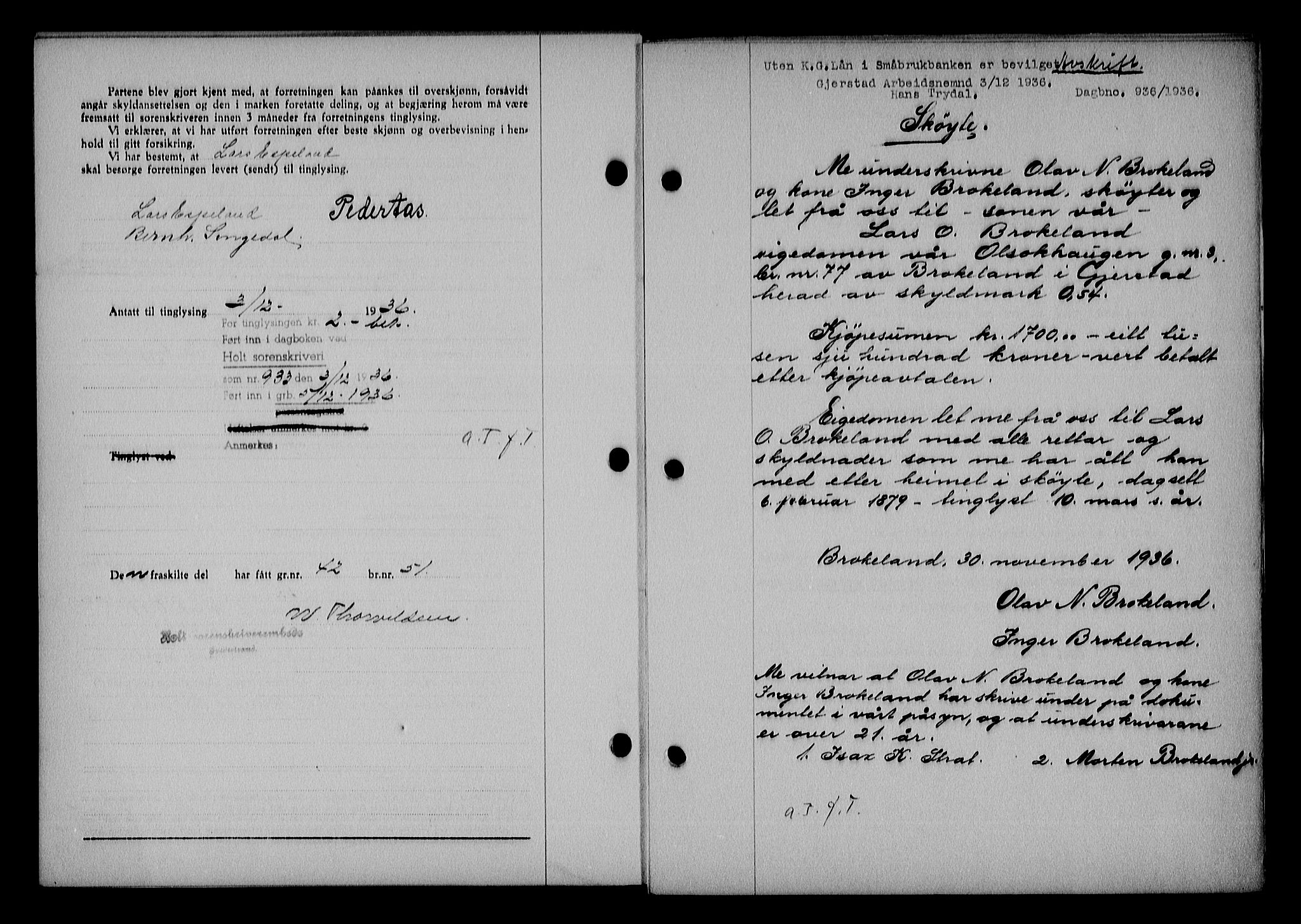 Holt sorenskriveri, AV/SAK-1221-0002/G/Gba/L0045: Pantebok nr. A-I, 1936-1937, Dagboknr: 936/1936