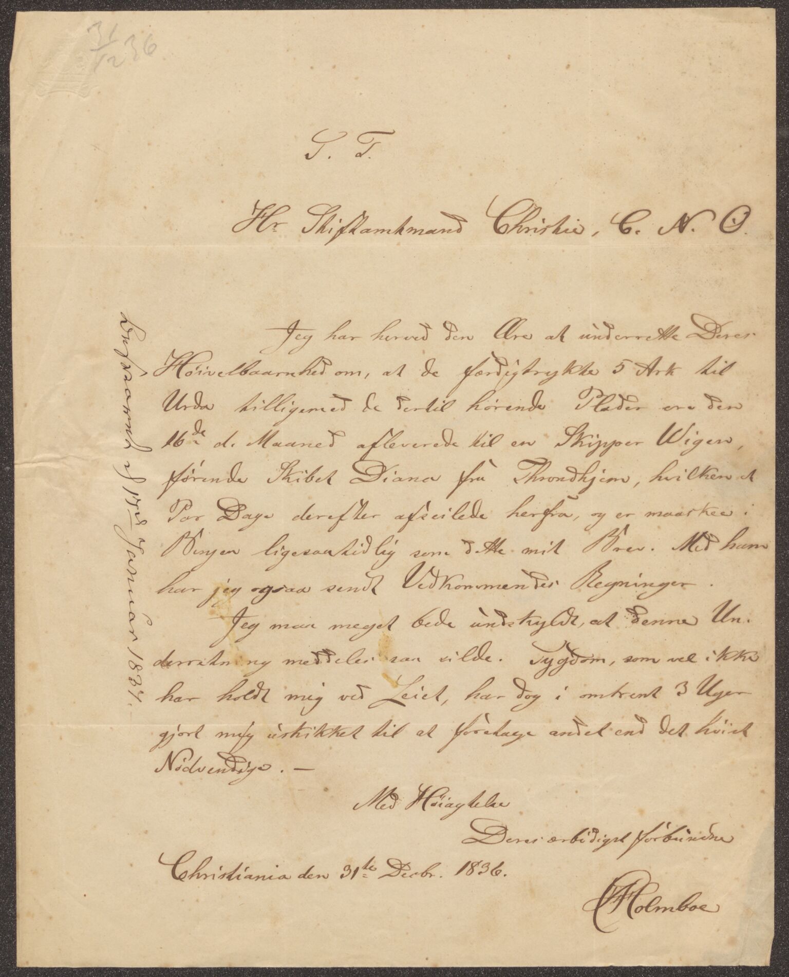 Bergens Museum. Direksjonen/ styret, UMB/A007/D/Da/L0008/0003: Innkommende brev 1836 / Innkommende brev 1836, 1836