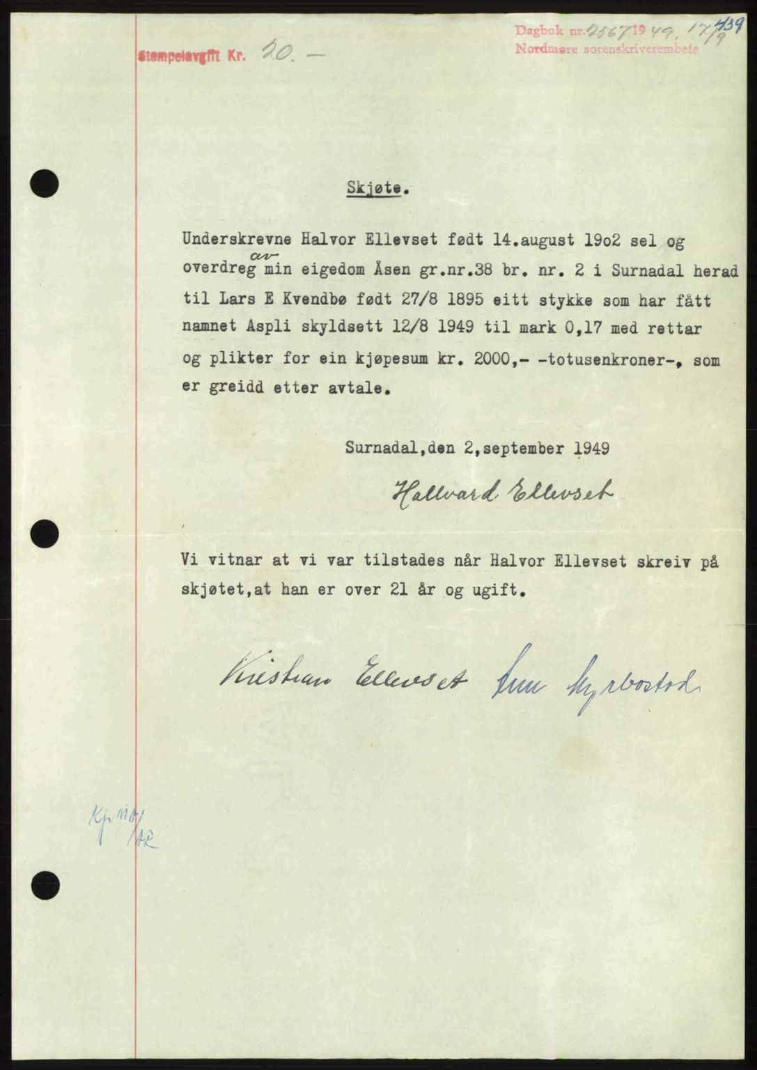 Nordmøre sorenskriveri, SAT/A-4132/1/2/2Ca: Pantebok nr. A112, 1949-1949, Dagboknr: 2567/1949