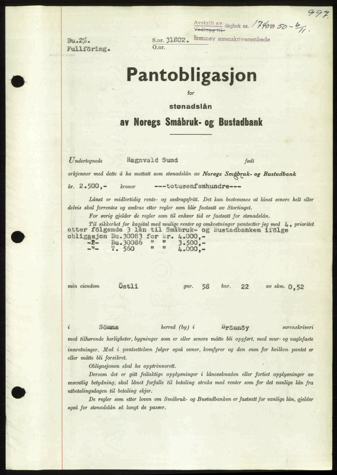 Brønnøy sorenskriveri, SAT/A-4170/1/2/2C: Pantebok nr. 36, 1950-1950, Dagboknr: 1740/1950