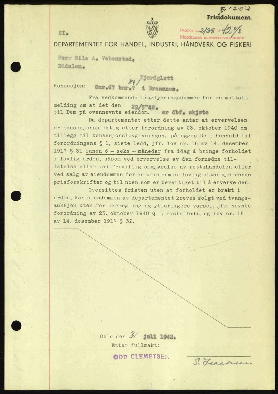 Nordmøre sorenskriveri, AV/SAT-A-4132/1/2/2Ca: Pantebok nr. B89, 1942-1942, Dagboknr: 2138/1942