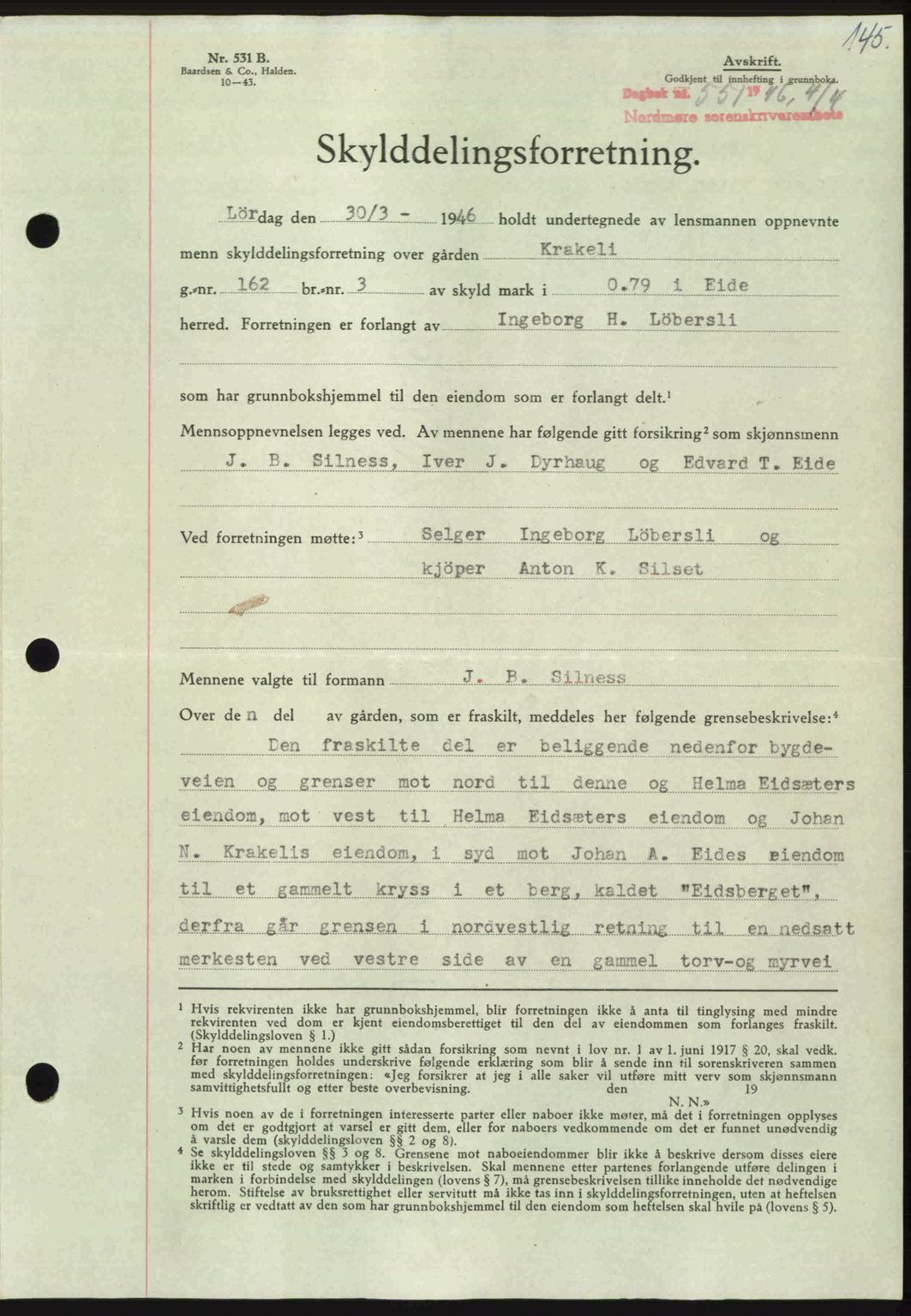 Nordmøre sorenskriveri, AV/SAT-A-4132/1/2/2Ca: Pantebok nr. A101, 1946-1946, Dagboknr: 551/1946