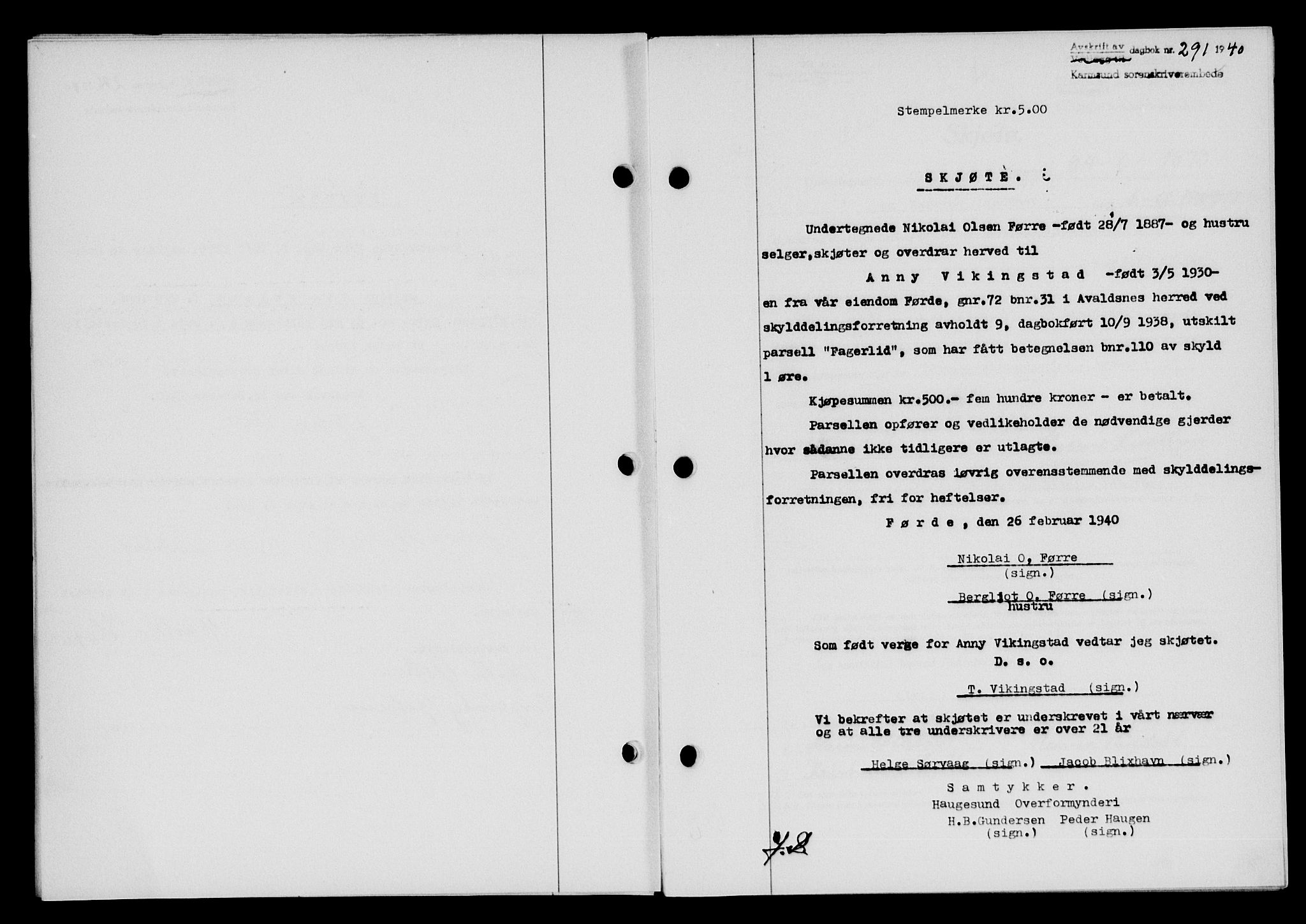 Karmsund sorenskriveri, SAST/A-100311/01/II/IIB/L0072: Pantebok nr. 53A, 1939-1940, Dagboknr: 291/1940