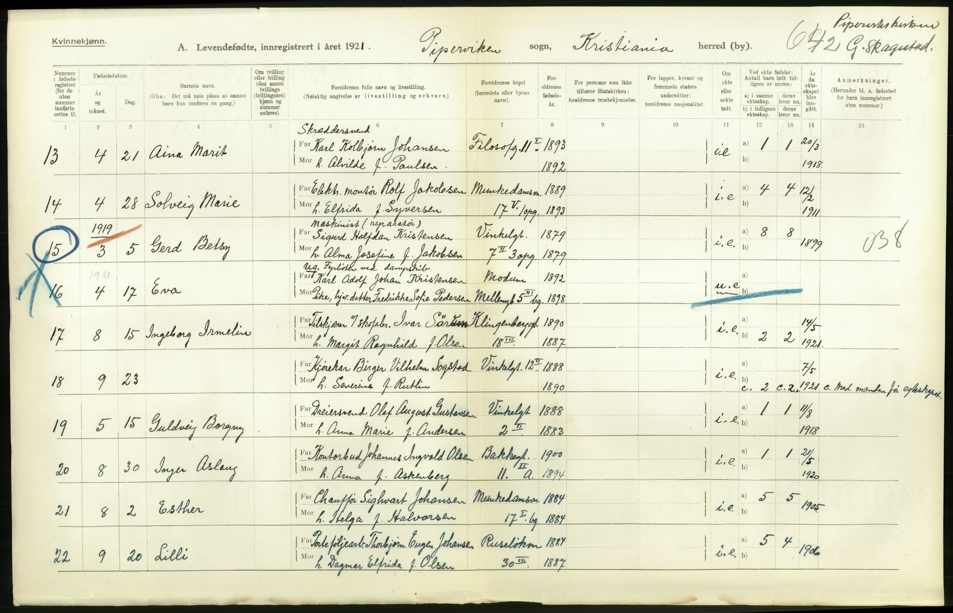 Statistisk sentralbyrå, Sosiodemografiske emner, Befolkning, RA/S-2228/D/Df/Dfc/Dfca/L0009: Kristiania: Levendefødte menn og kvinner., 1921, s. 334