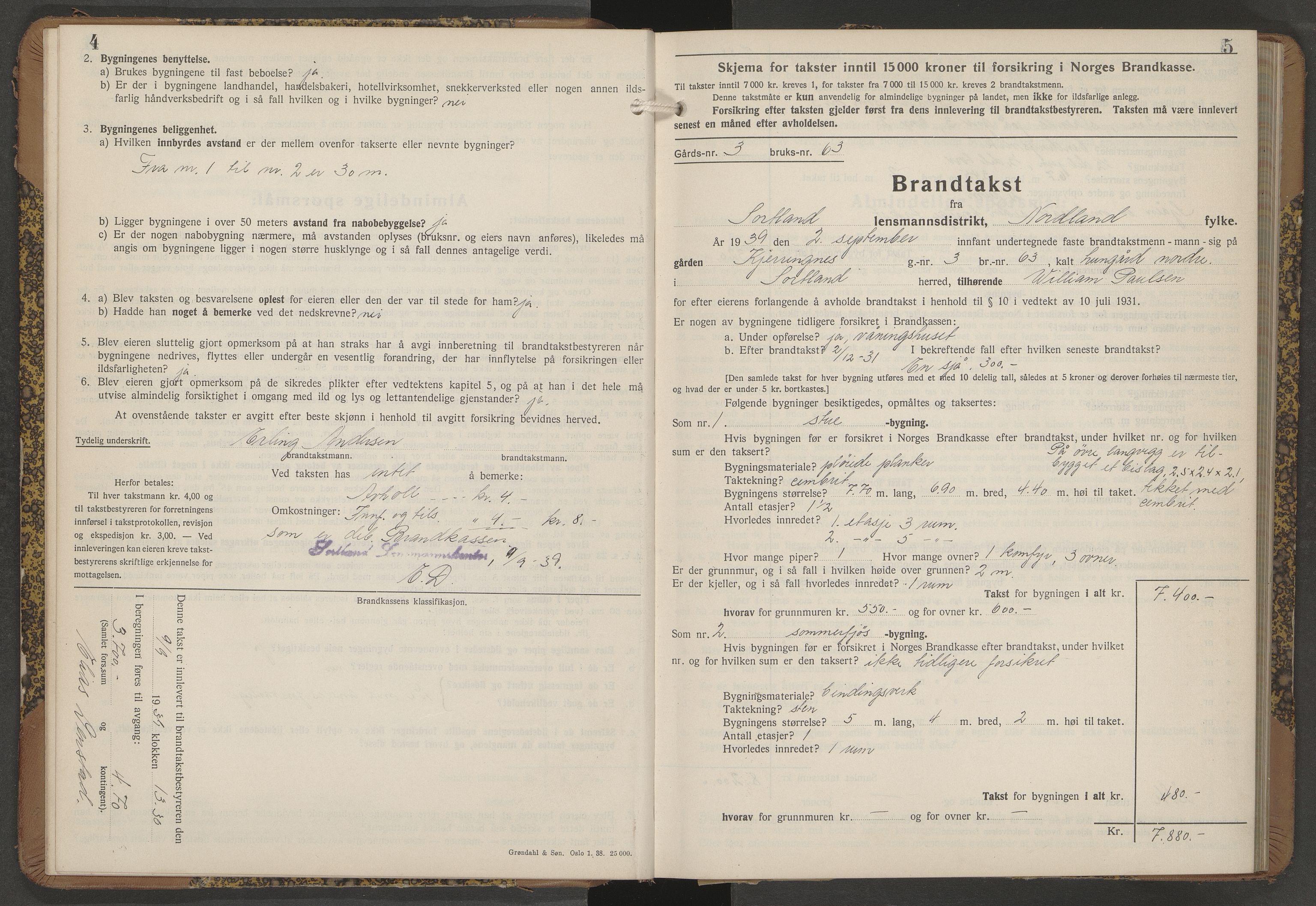 Sortland lensmannskontor, AV/SAT-A-6376/2/Oa/L0011: Branntakstprotokoll, 1939-1944