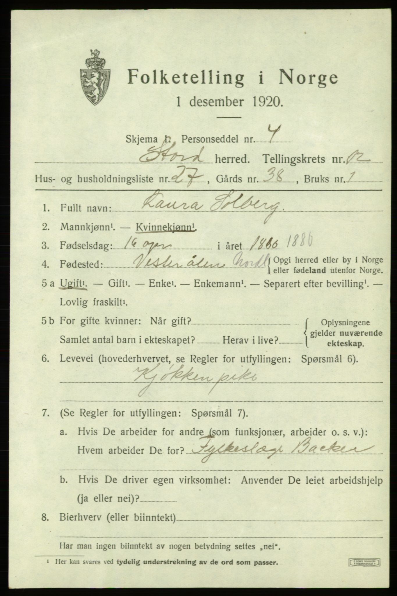 SAB, Folketelling 1920 for 1221 Stord herred, 1920, s. 7377