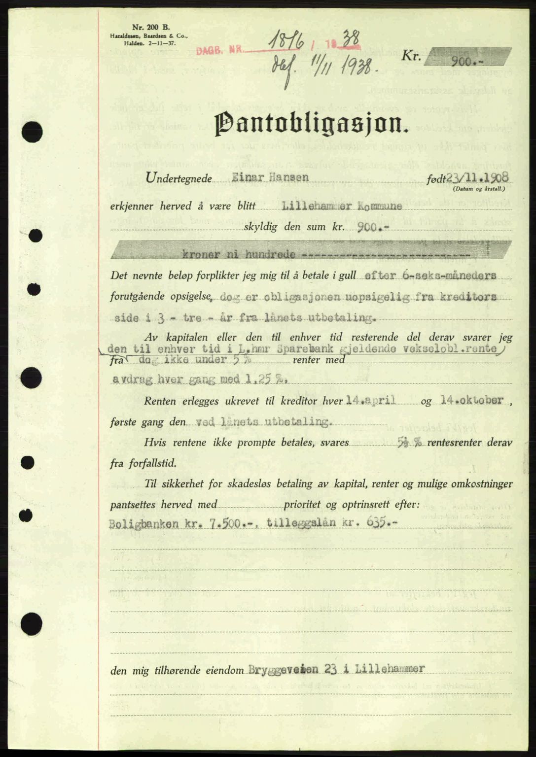 Sør-Gudbrandsdal tingrett, SAH/TING-004/H/Hb/Hbe/L0001: Pantebok nr. B1, 1936-1939, Dagboknr: 1816/1938