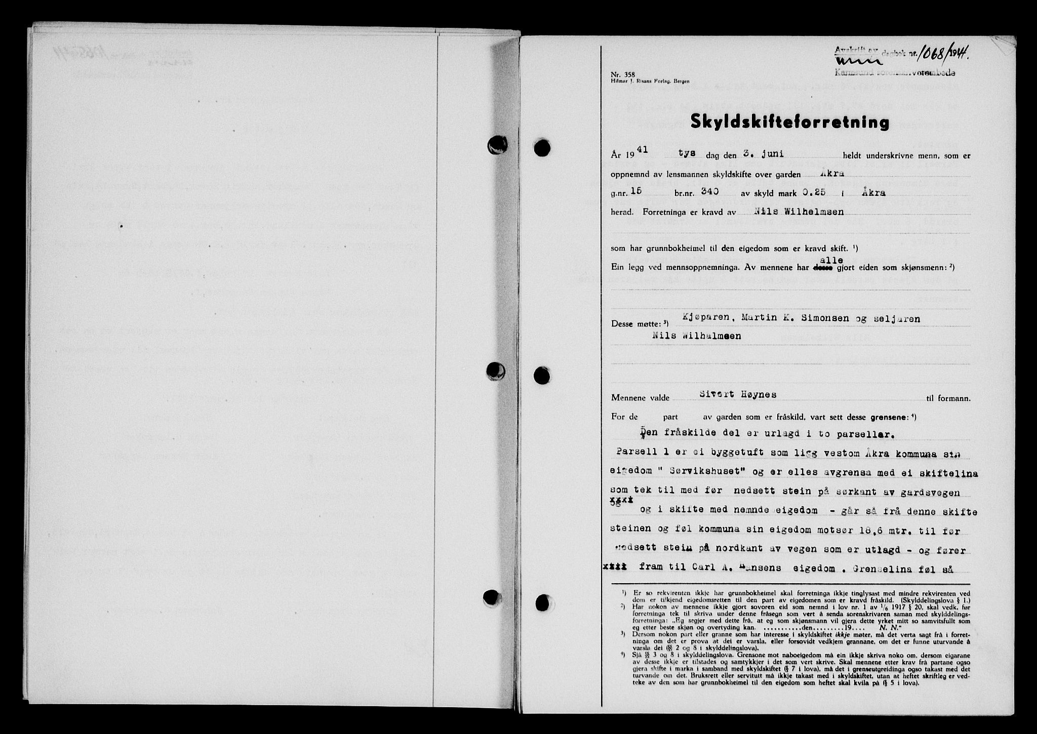 Karmsund sorenskriveri, SAST/A-100311/01/II/IIB/L0075: Pantebok nr. 56A, 1941-1941, Dagboknr: 1068/1941