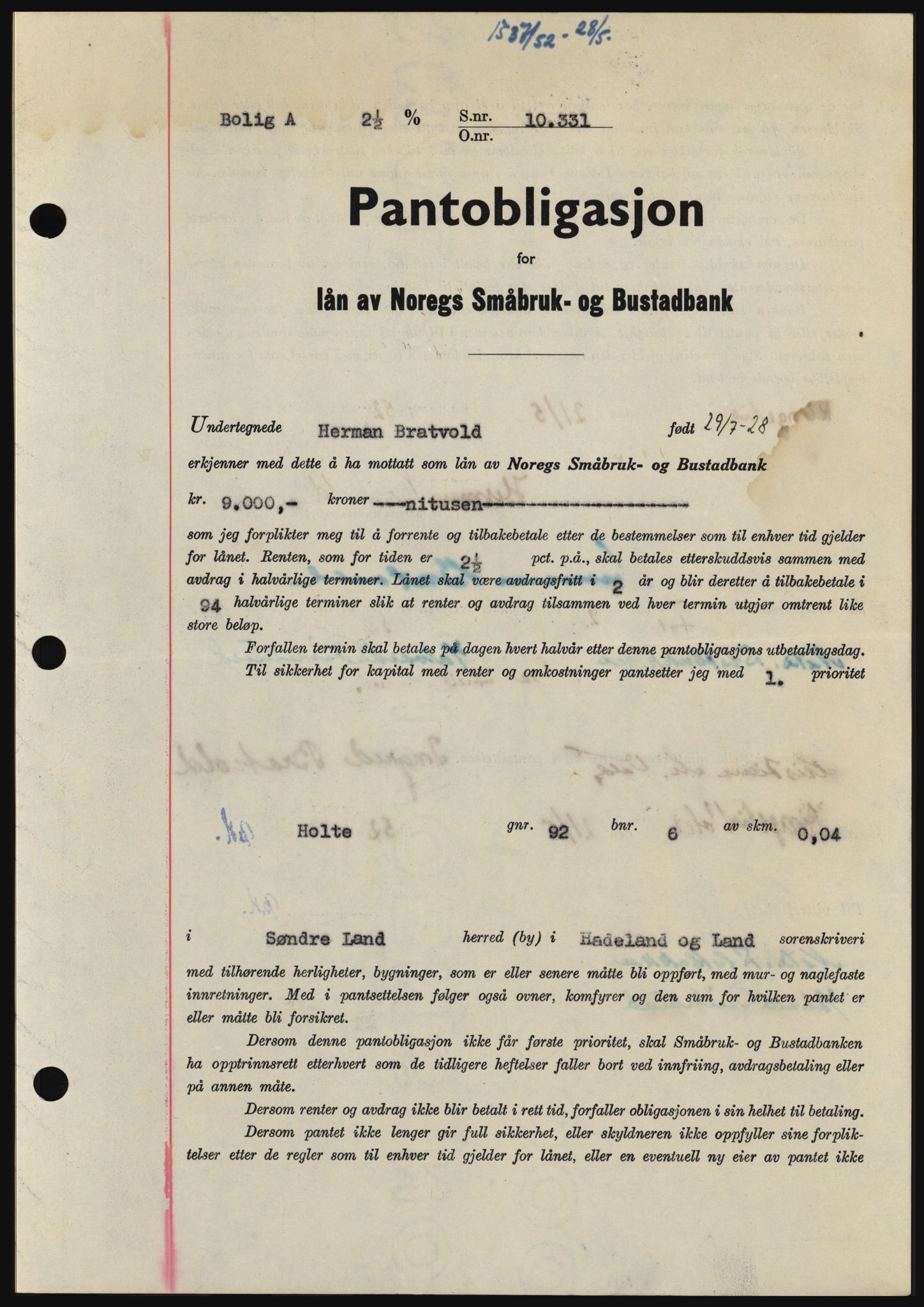 Hadeland og Land tingrett, SAH/TING-010/H/Hb/Hbc/L0024: Pantebok nr. B24, 1952-1952, Dagboknr: 1537/1952