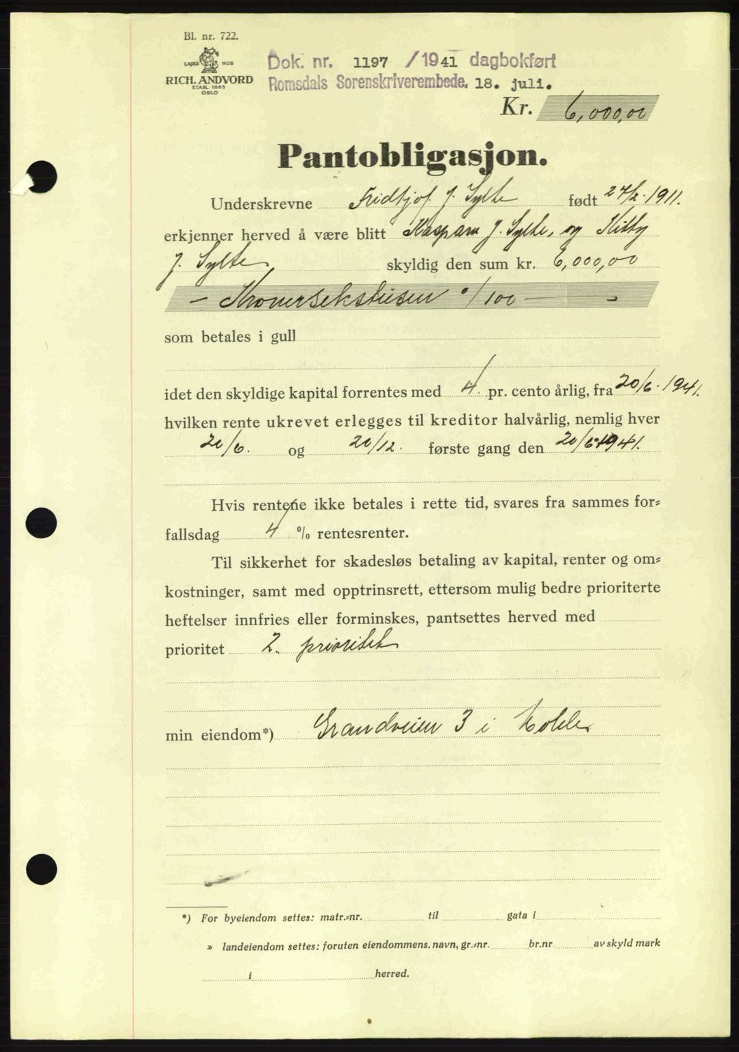 Romsdal sorenskriveri, SAT/A-4149/1/2/2C: Pantebok nr. B2, 1939-1945, Dagboknr: 1197/1941