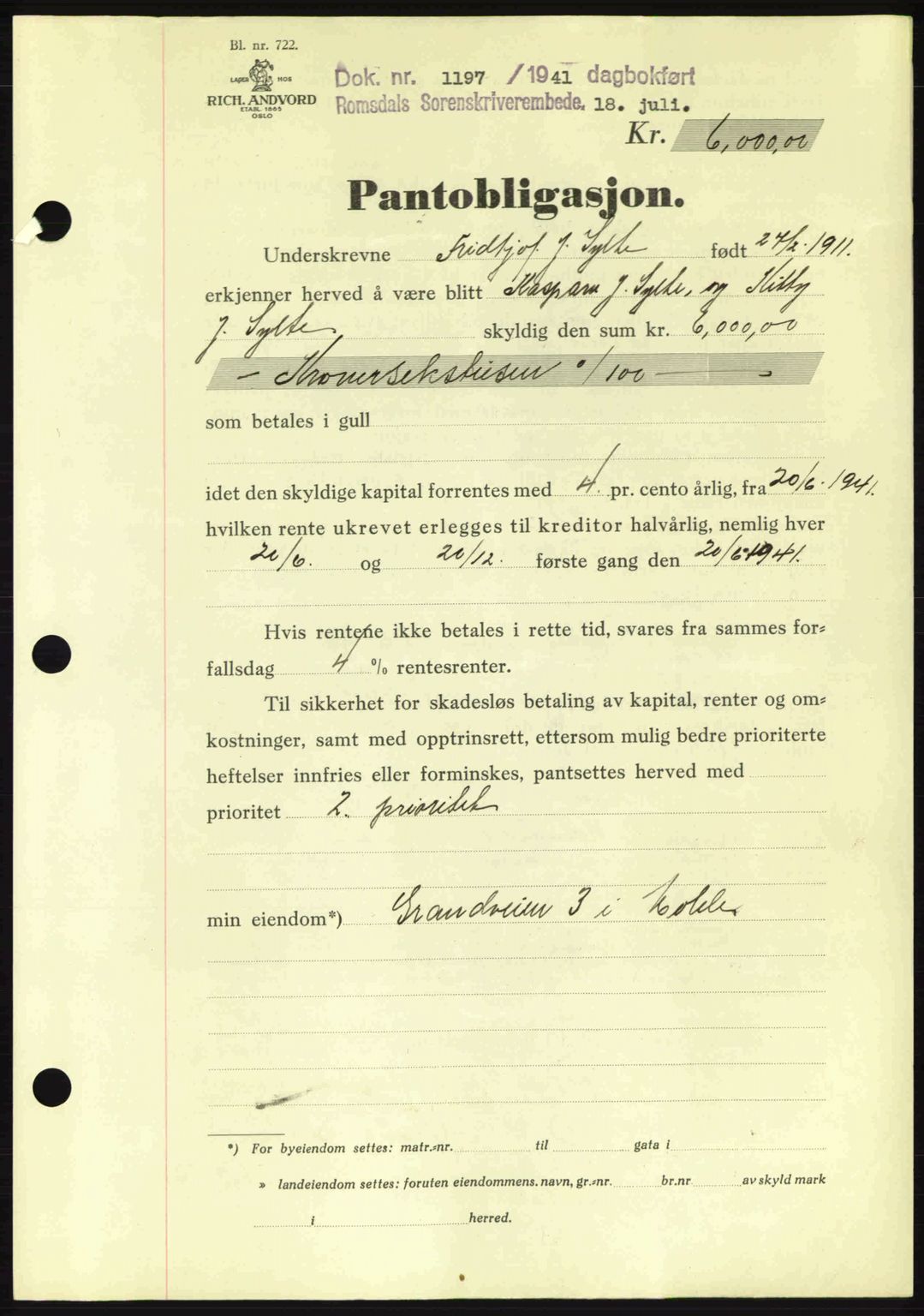 Romsdal sorenskriveri, AV/SAT-A-4149/1/2/2C: Pantebok nr. B2, 1939-1945, Dagboknr: 1197/1941