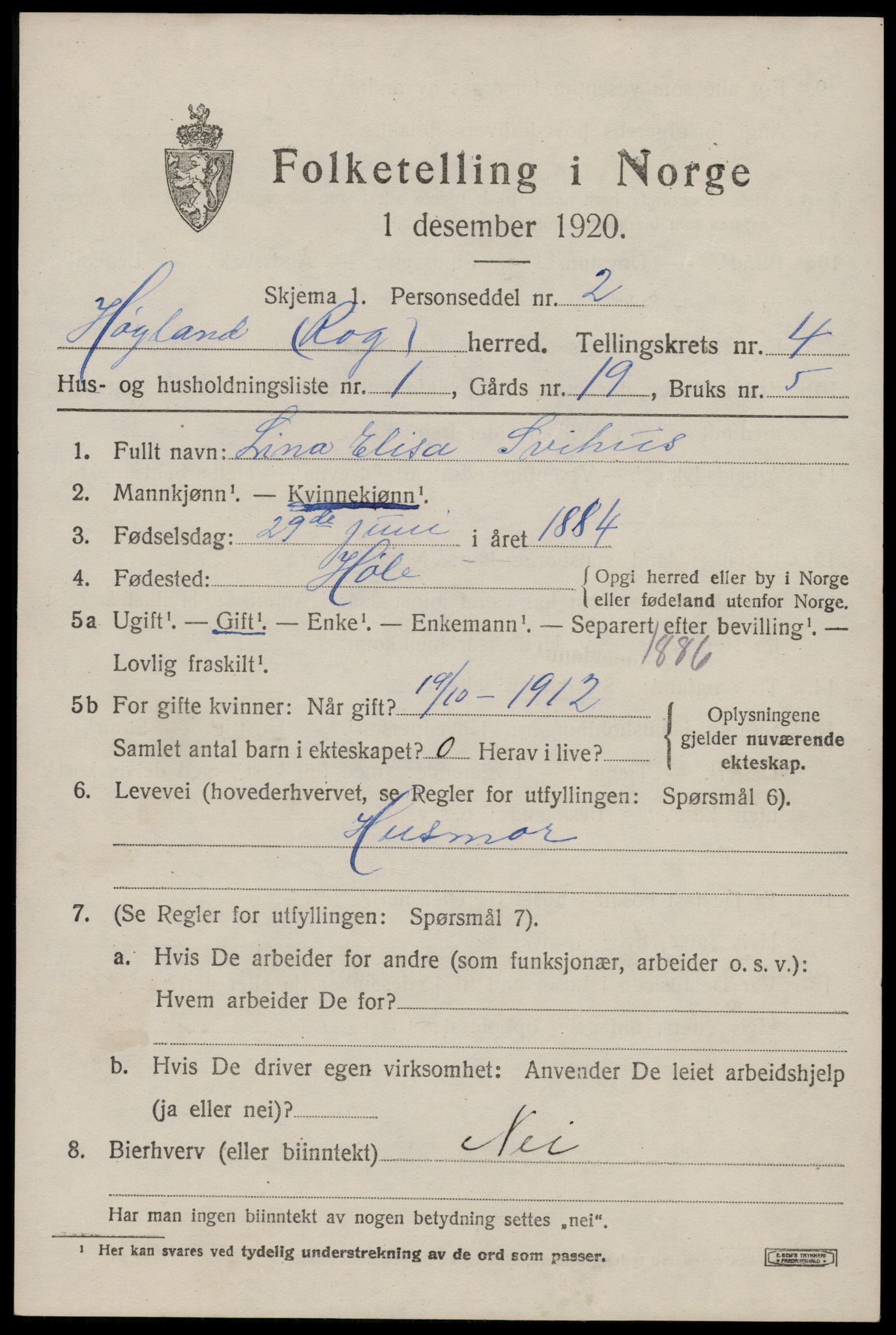 SAST, Folketelling 1920 for 1123 Høyland herred, 1920, s. 3416