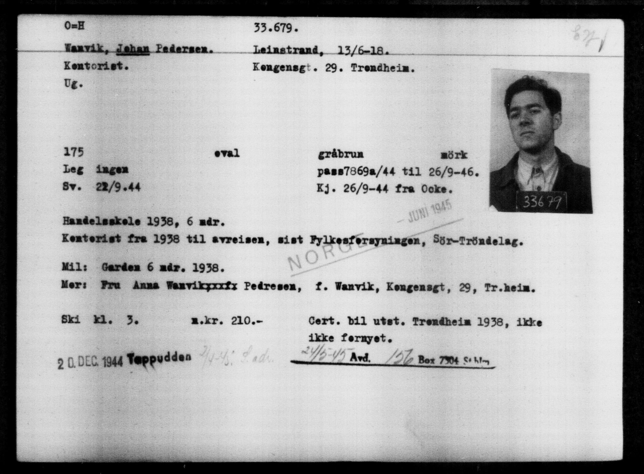 Utenriksstasjonene, Legasjonen i Stockholm, Flyktningkontoret, AV/RA-S-6753/V/Va/L0013: Kjesäterkartoteket, flyktninger med registreringsnr. 31500-34731, 1940-1945, s. 2298