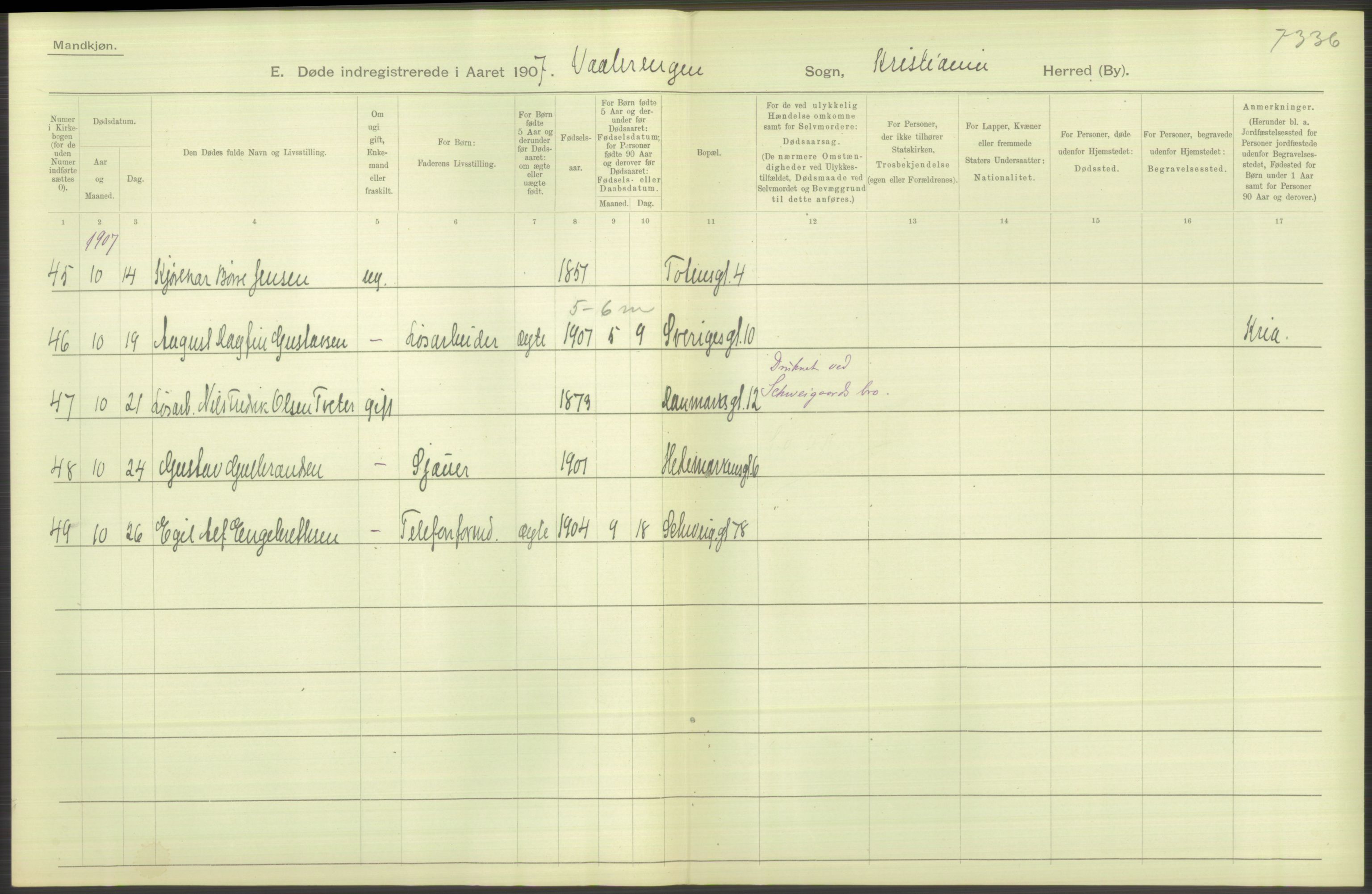 Statistisk sentralbyrå, Sosiodemografiske emner, Befolkning, AV/RA-S-2228/D/Df/Dfa/Dfae/L0009: Kristiania: Døde, 1907, s. 92