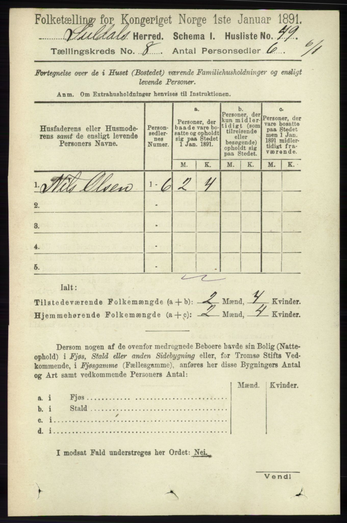 RA, Folketelling 1891 for 1134 Suldal herred, 1891, s. 2287