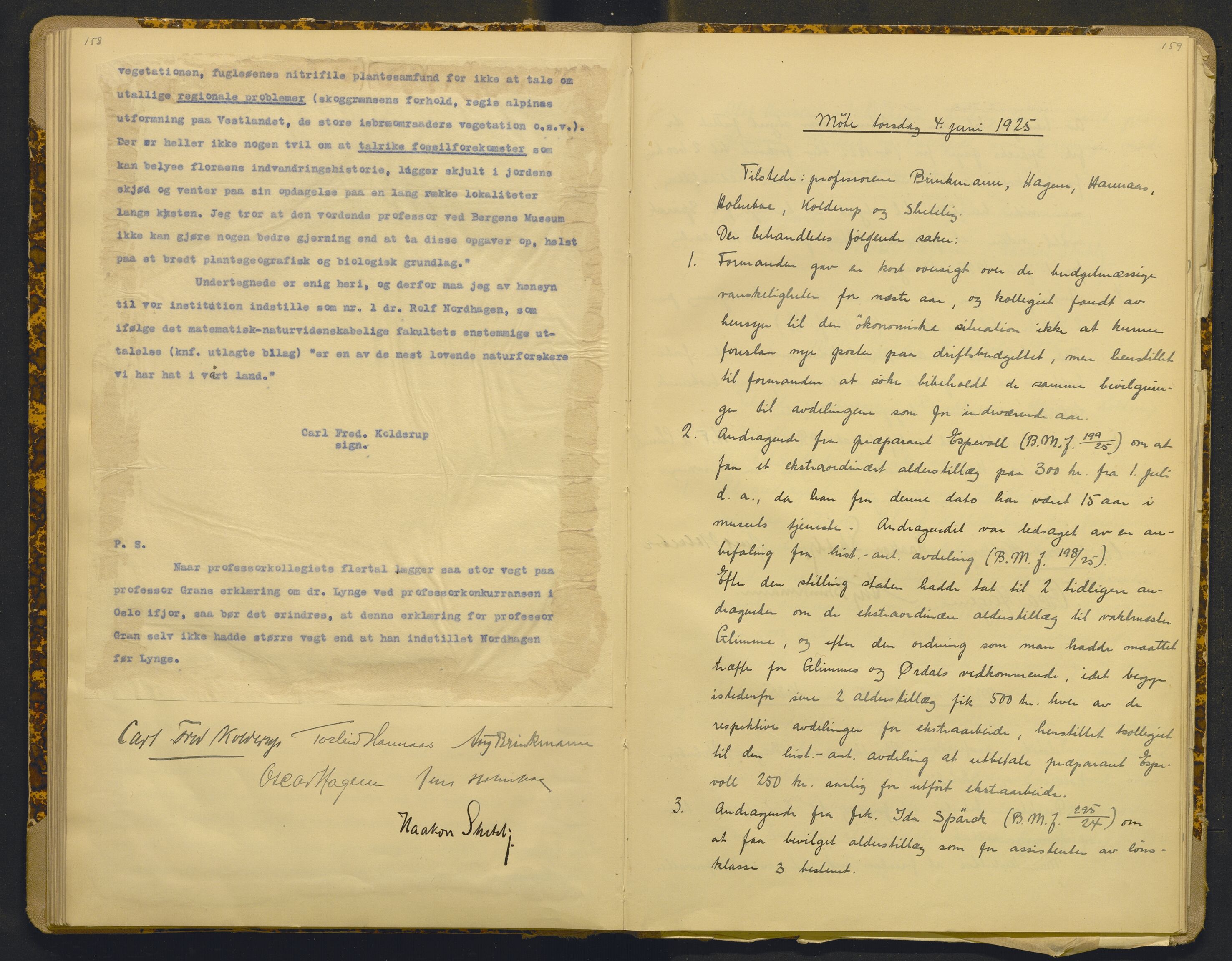 Bergens Museum, AV/SAB-A-17301/18/A/L0001: Bestyrerkollegiets forhandlingsprotokoll med register , 1907-1927, s. 158-159