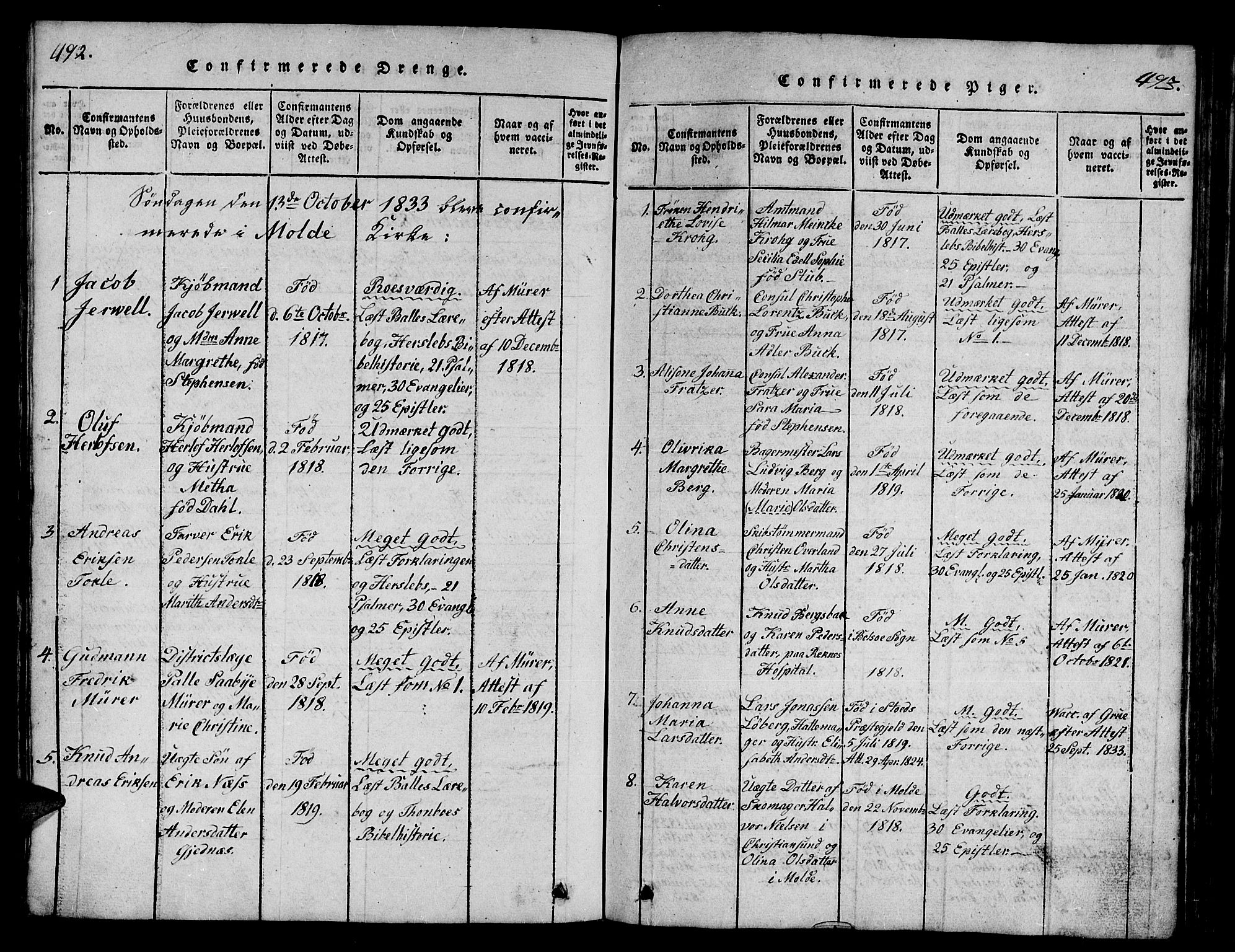 Ministerialprotokoller, klokkerbøker og fødselsregistre - Møre og Romsdal, AV/SAT-A-1454/558/L0700: Klokkerbok nr. 558C01, 1818-1868, s. 492-493