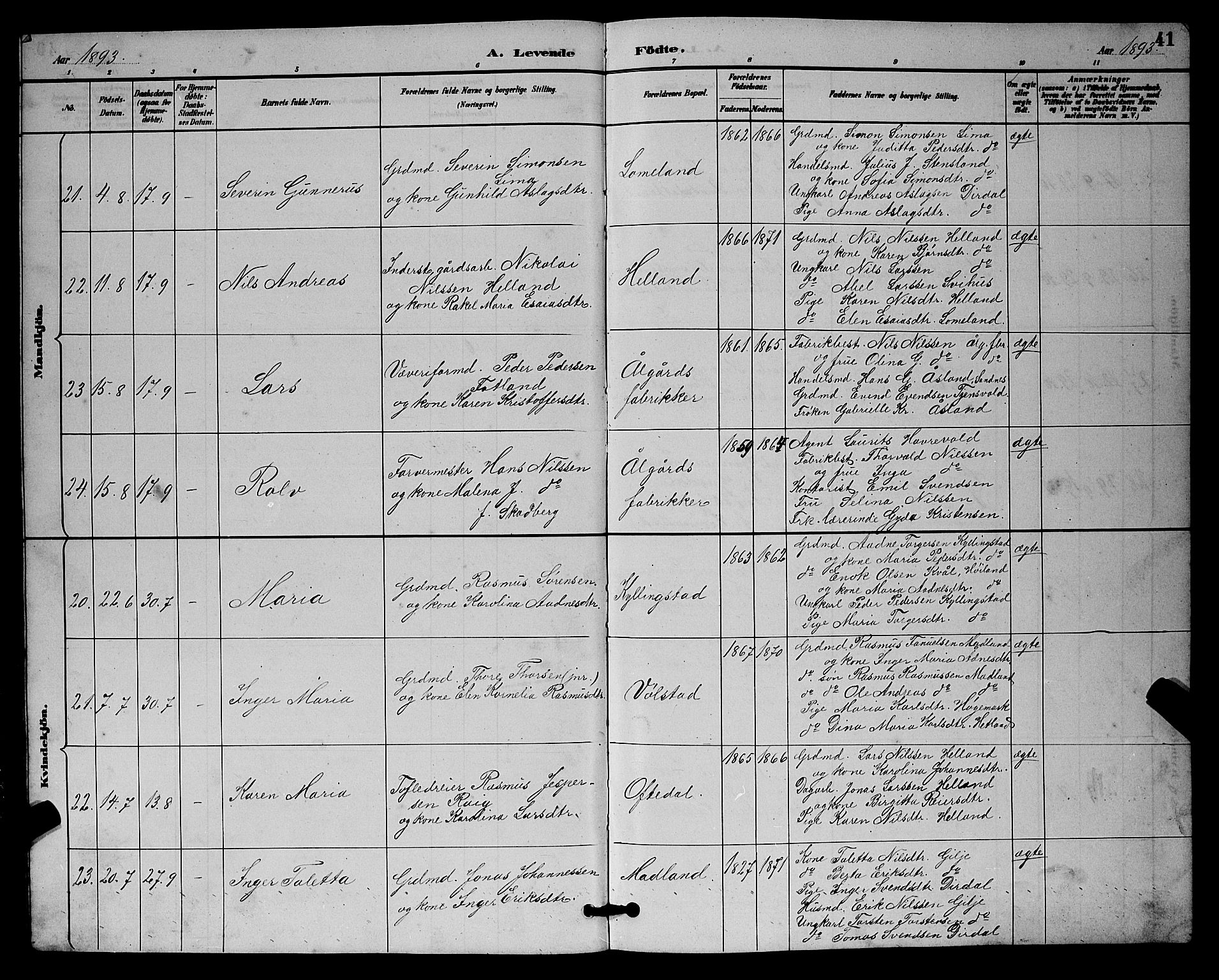 Lye sokneprestkontor, AV/SAST-A-101794/001/30BB/L0008: Klokkerbok nr. B 7, 1887-1901, s. 41