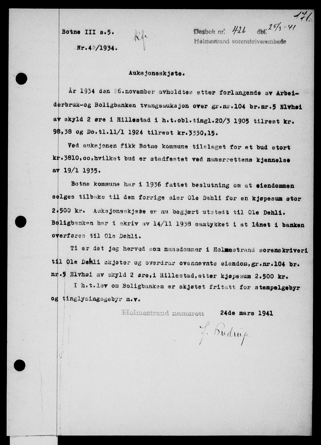 Holmestrand sorenskriveri, SAKO/A-67/G/Ga/Gaa/L0053: Pantebok nr. A-53, 1941-1941, Dagboknr: 426/1941