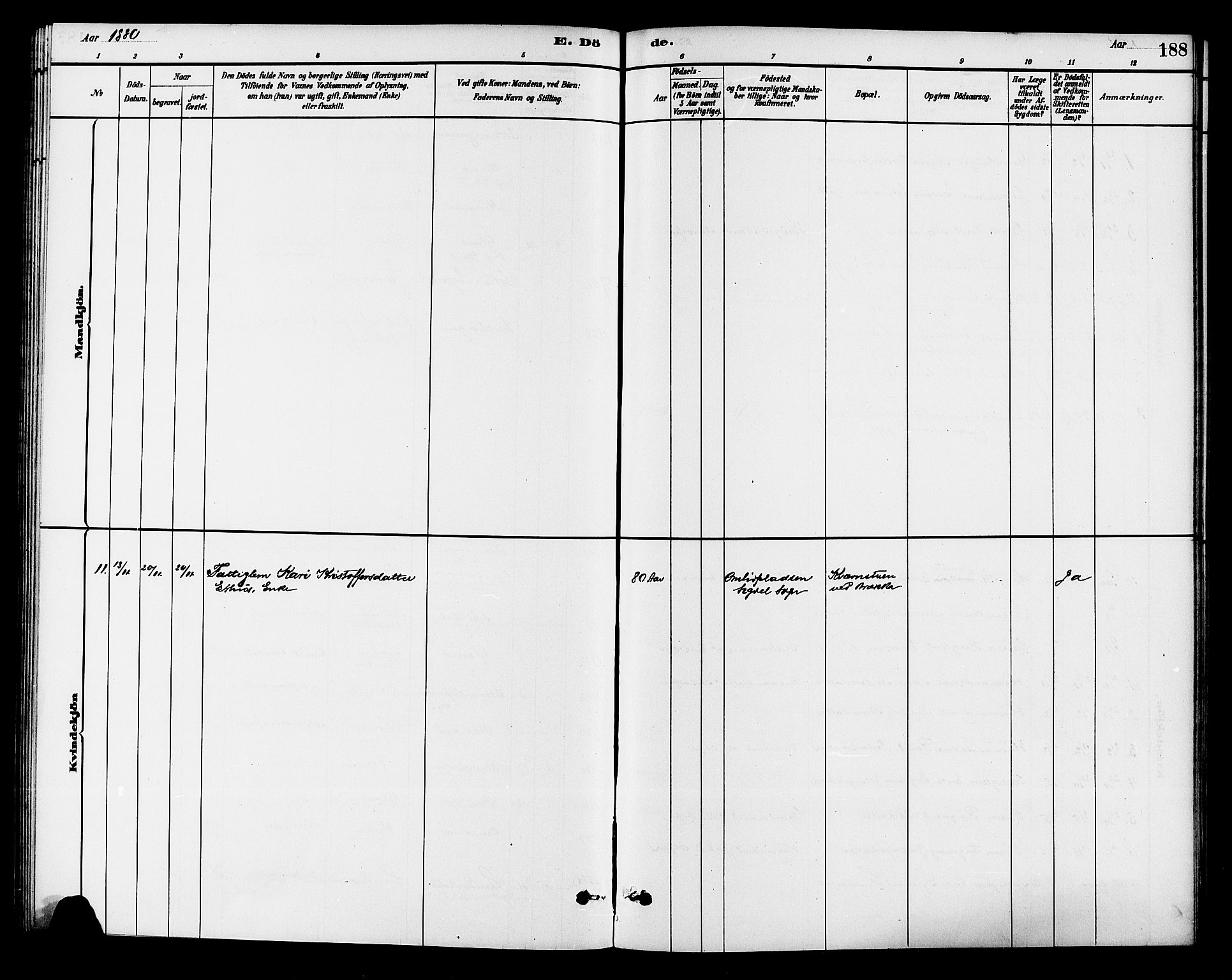 Krødsherad kirkebøker, SAKO/A-19/G/Ga/L0001: Klokkerbok nr. 1, 1879-1893, s. 188