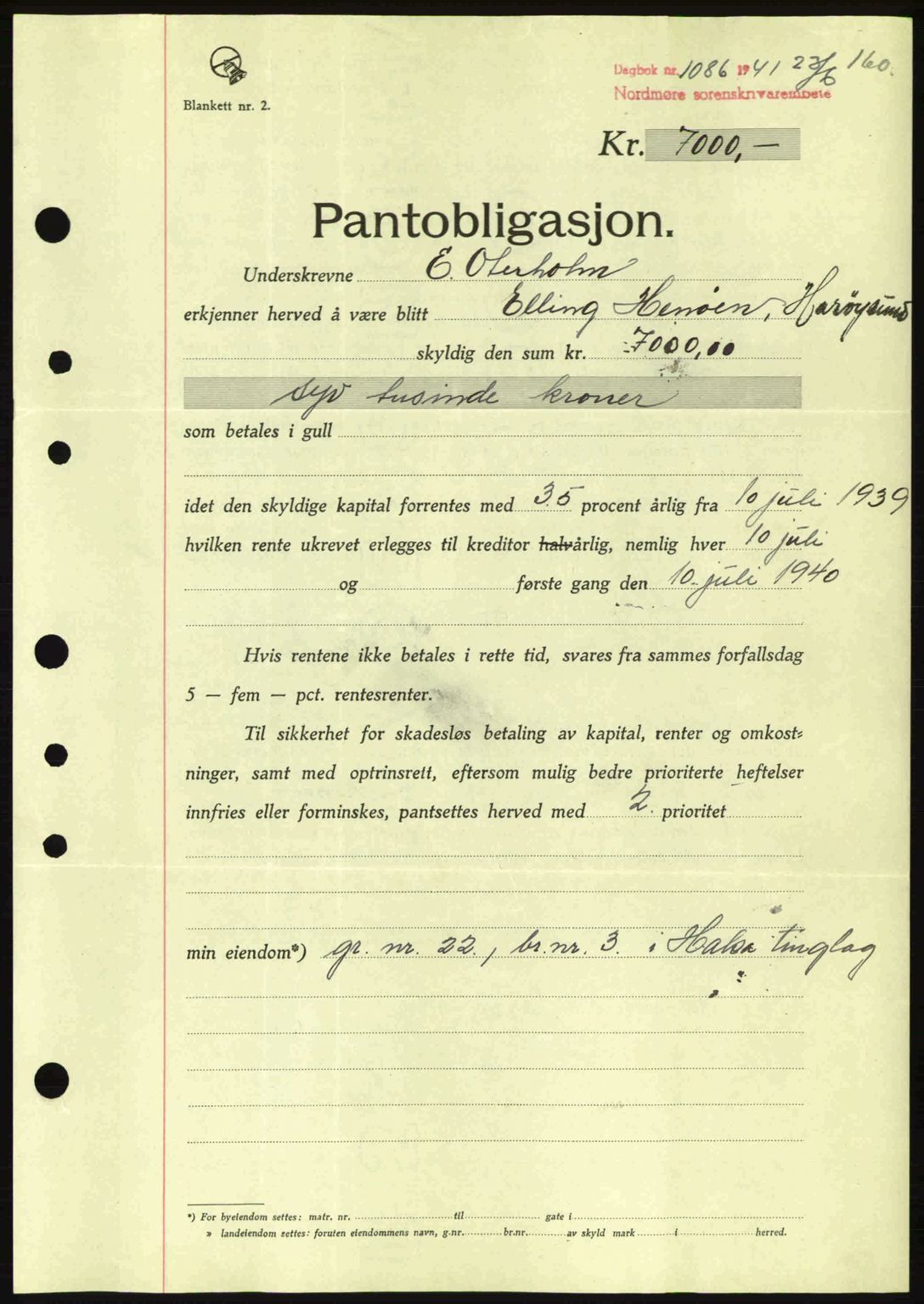 Nordmøre sorenskriveri, SAT/A-4132/1/2/2Ca: Pantebok nr. B88, 1941-1942, Dagboknr: 1086/1941