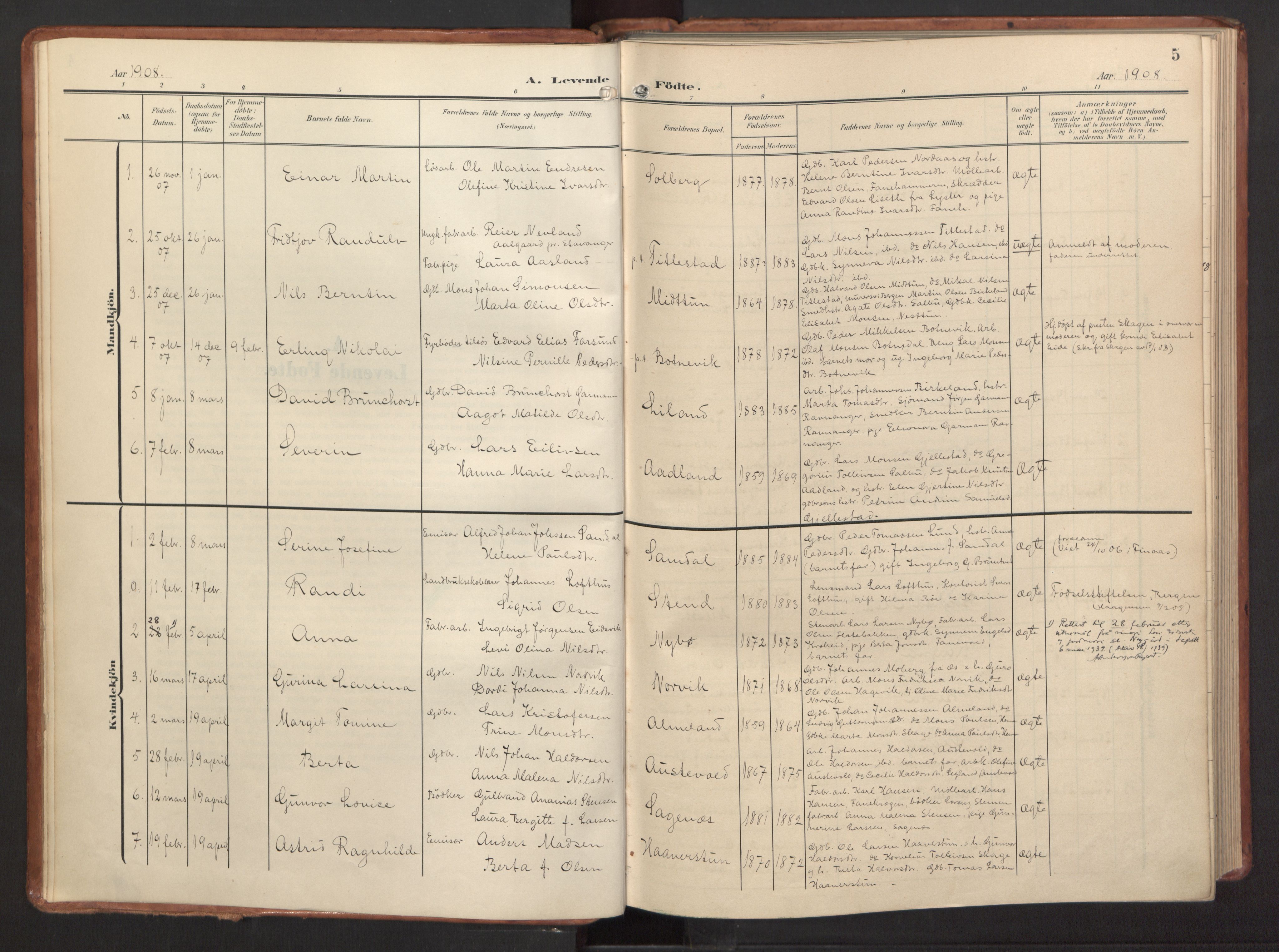 Fana Sokneprestembete, AV/SAB-A-75101/H/Haa/Haab/L0004: Ministerialbok nr. B 4, 1908-1915, s. 5
