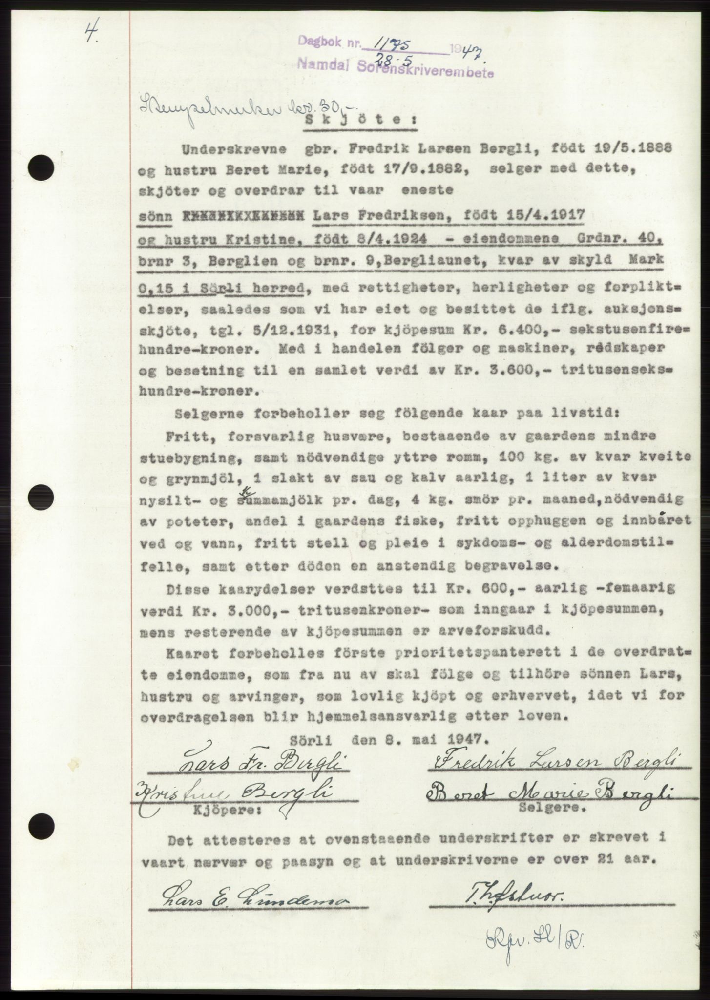 Namdal sorenskriveri, SAT/A-4133/1/2/2C: Pantebok nr. -, 1947-1947, Dagboknr: 1175/1947
